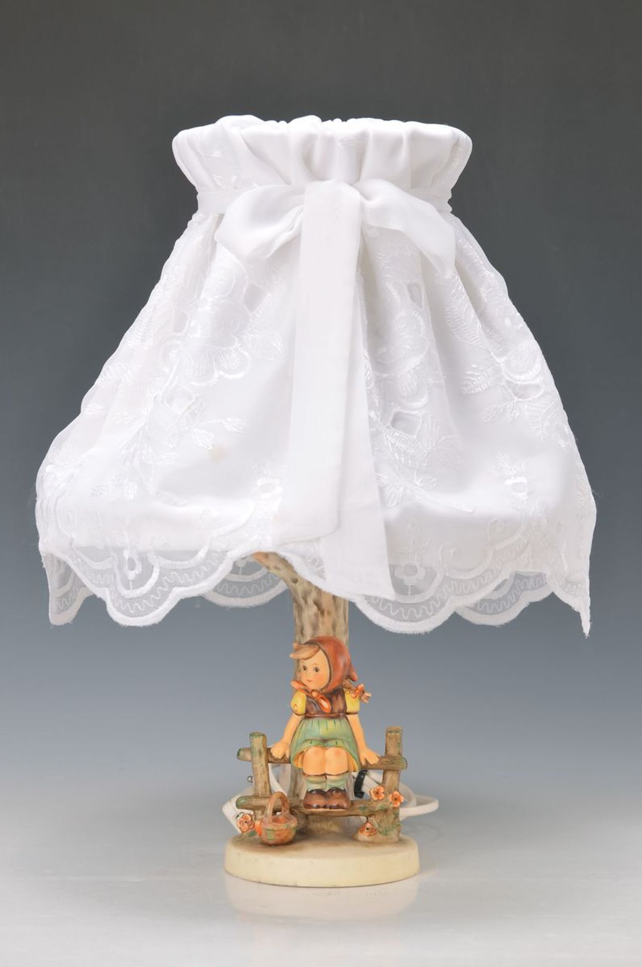 table lamp, Hummel, manufacture Goebel, 1960 years, spring, girl on the fence sitting,