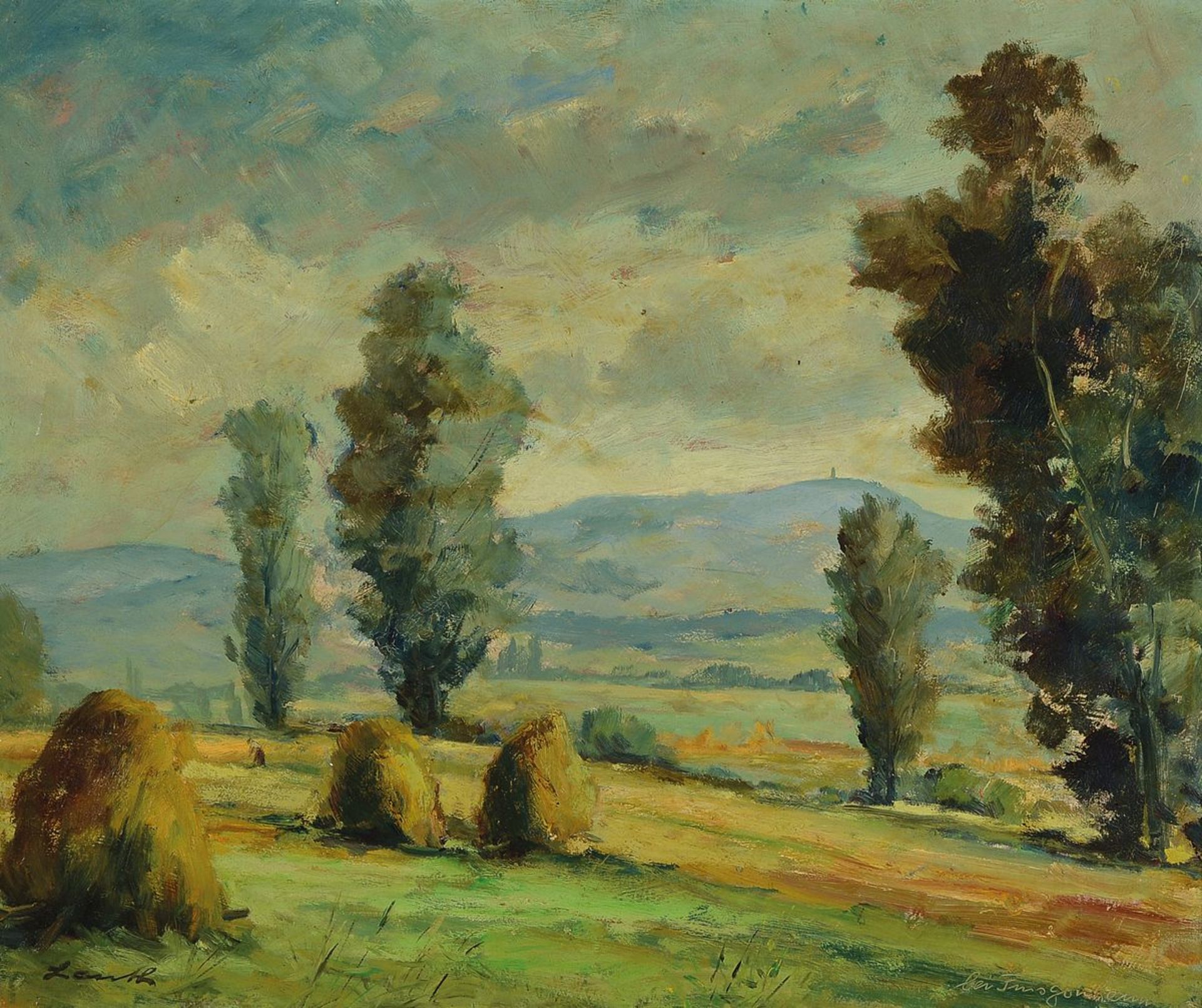 Robert Lauth, 1896 Ludwigshafen-1985, hilly landscape with poplars, oil / hardboard, signed, approx.