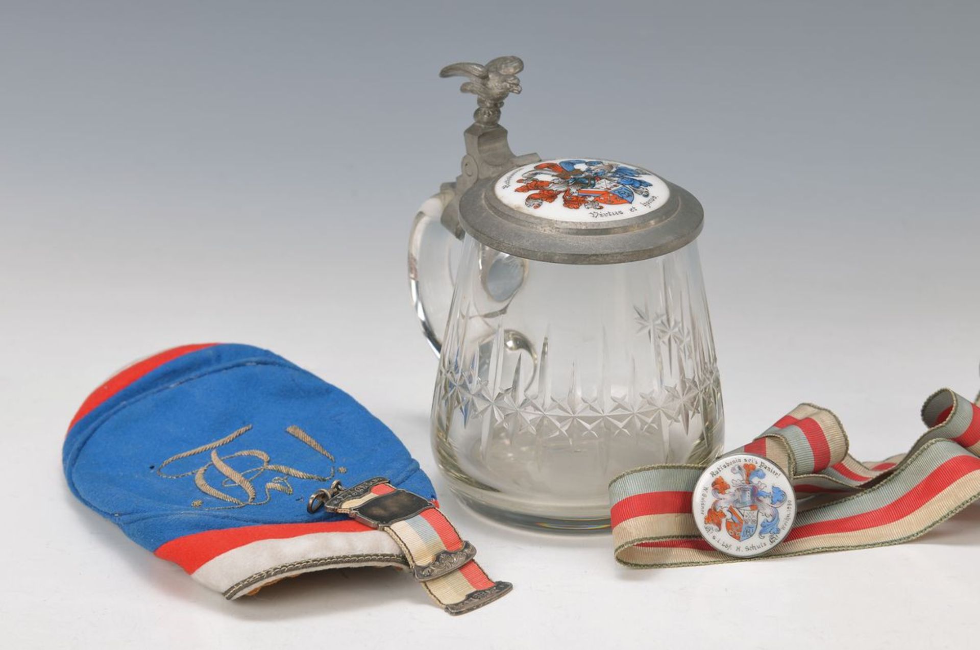 4 parts fraternity, Ratisbonia, 1930s, ribbon with painted porcelain pommel, cap with monogram and