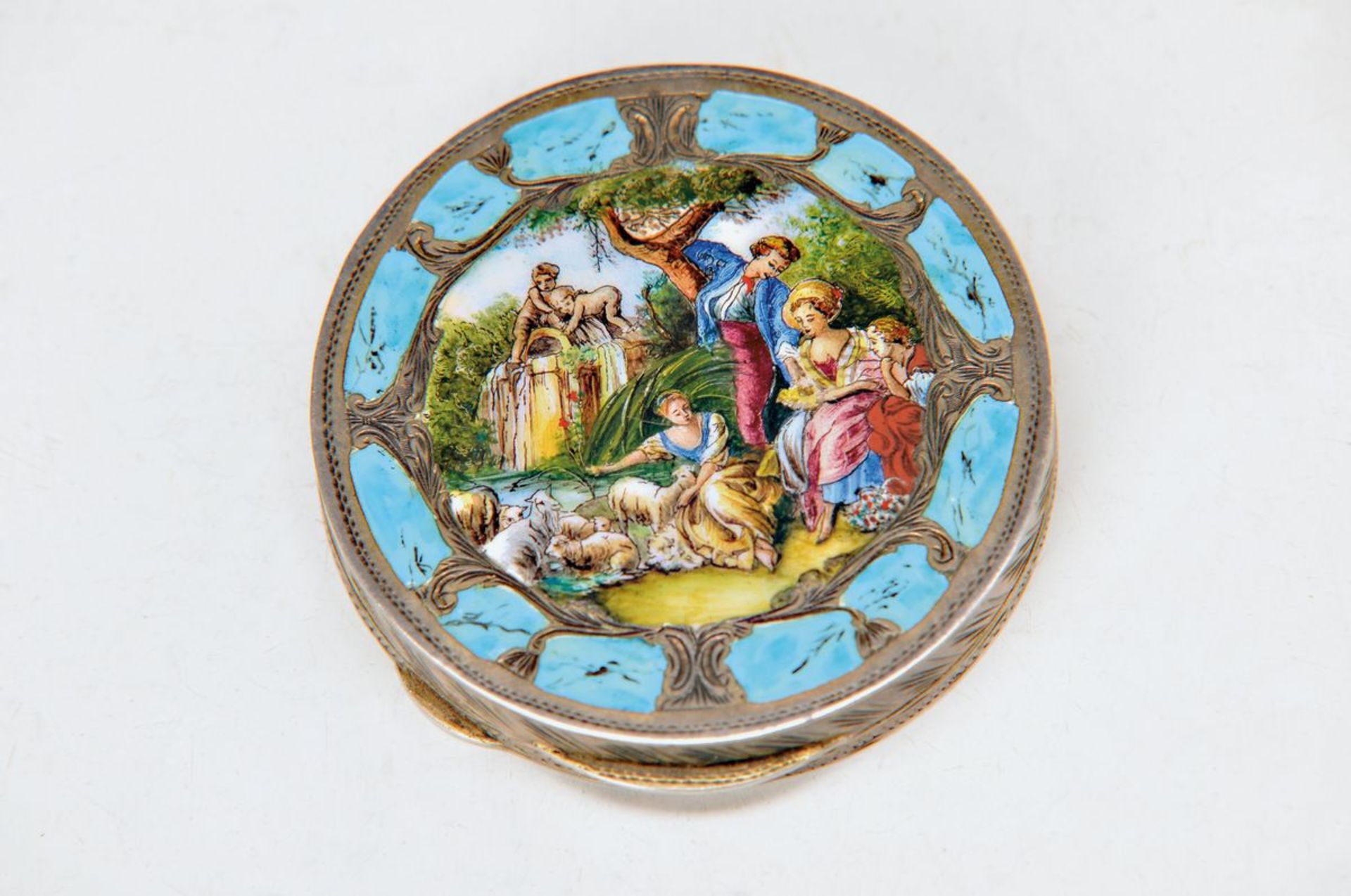 powder box, Italy, 1930s, silver enameled, parkland with figurines and female shepherd, after