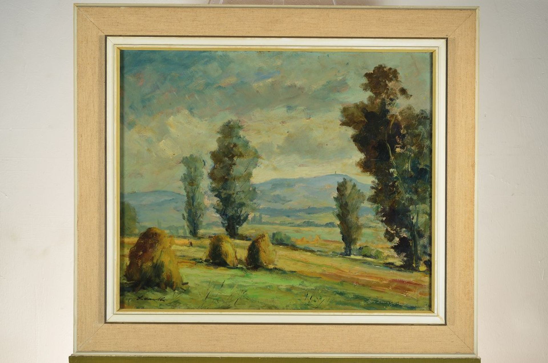 Robert Lauth, 1896 Ludwigshafen-1985, hilly landscape with poplars, oil / hardboard, signed, approx. - Image 3 of 3