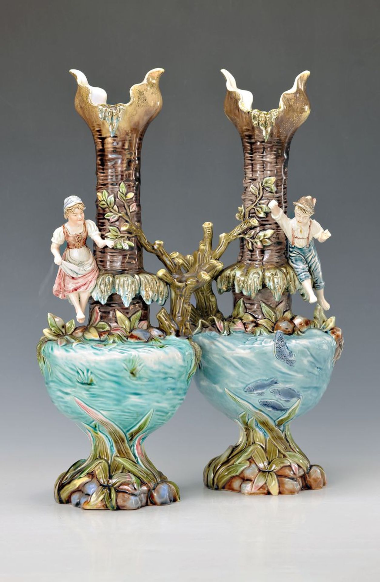 pair of vases, R.M. Krause Schweidnitz/Silesia, around 1890-1900, earthenware, opulent embossed with