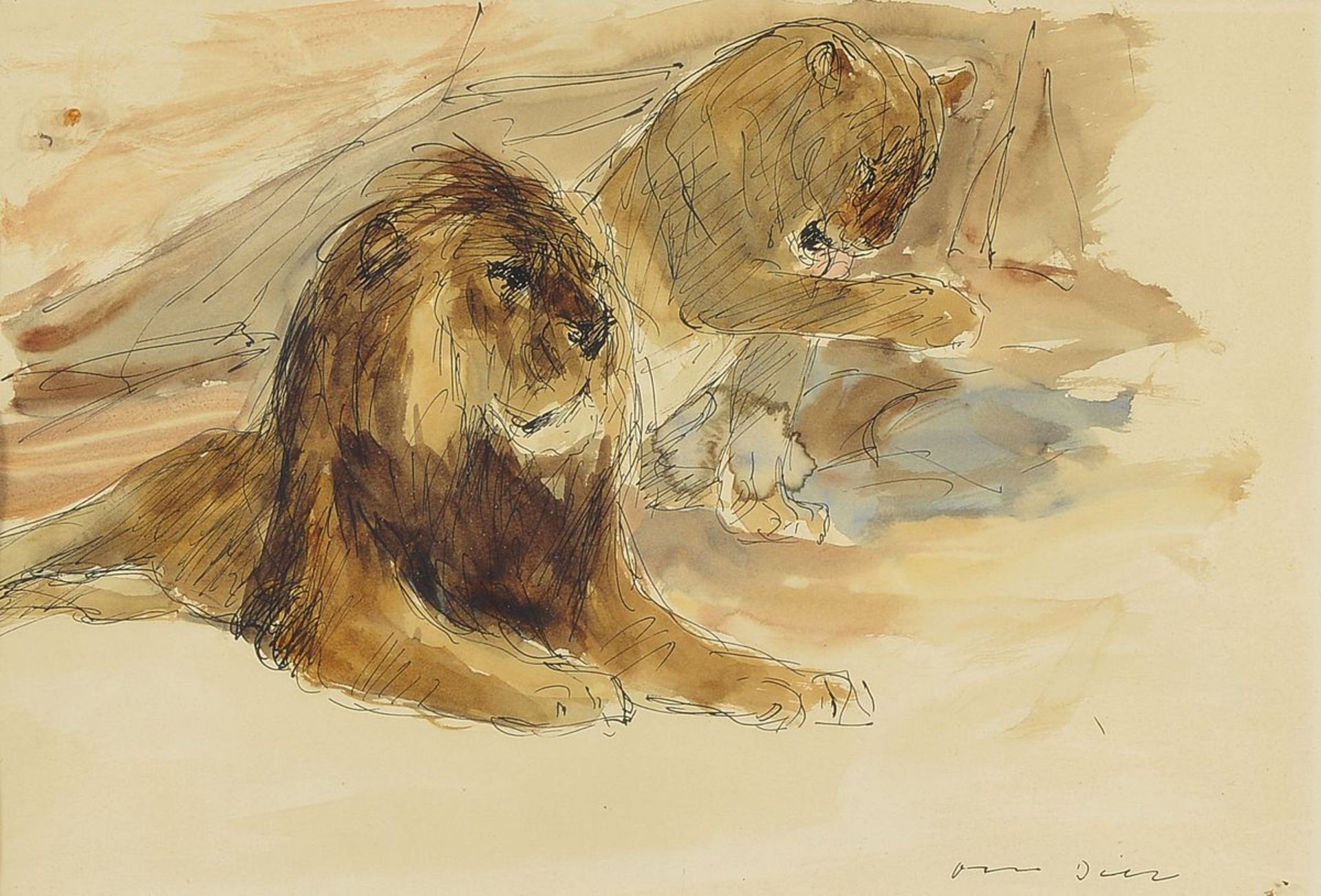 Otto Dill, 1884 Neustadt-1956 Bad Dürkheim, lion couple, watercolor ink drawing, signed, approx.