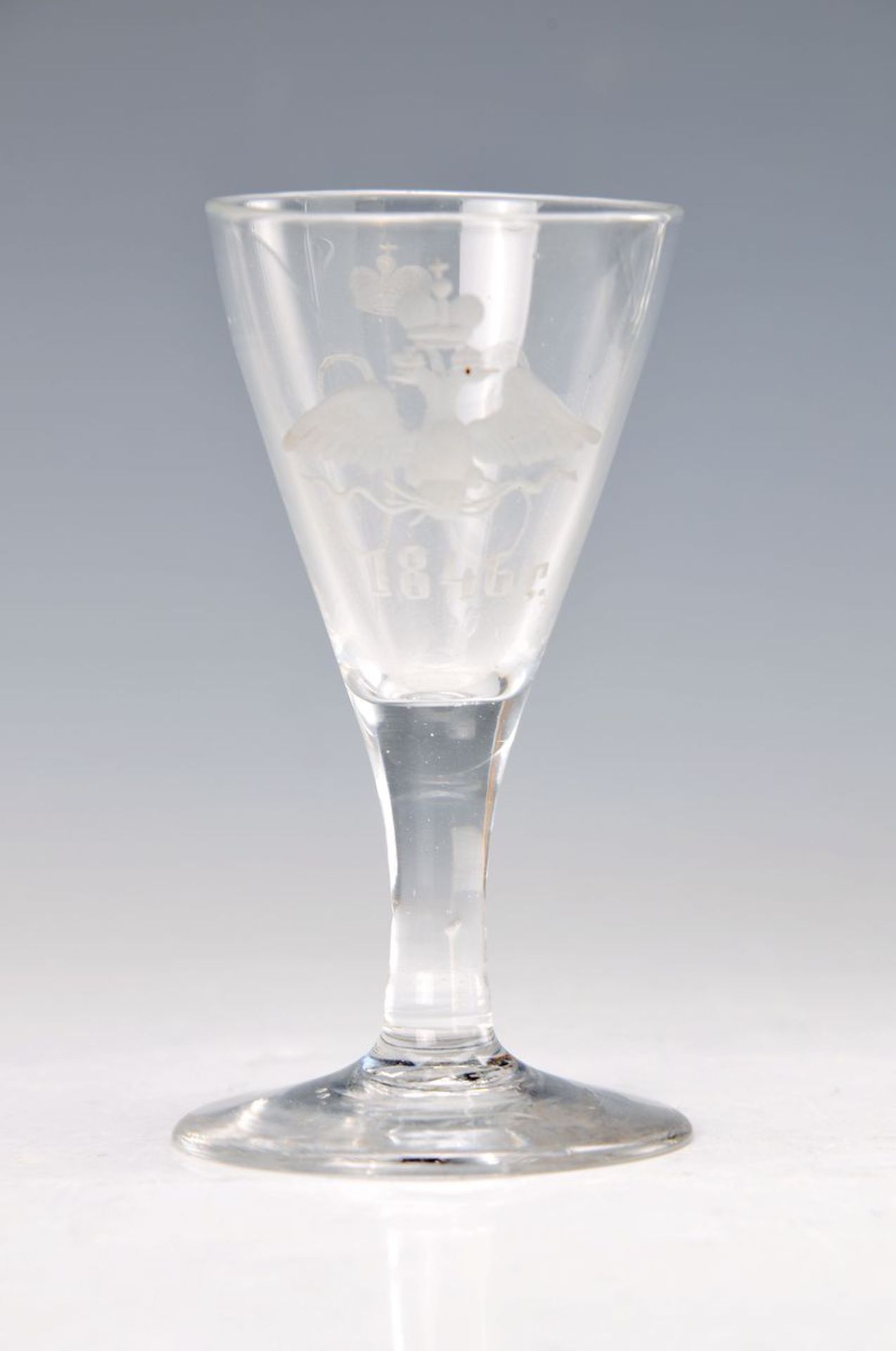 small stemware glass, Russia, with crowned monogram and Russian double eagle dated 1846, colorless