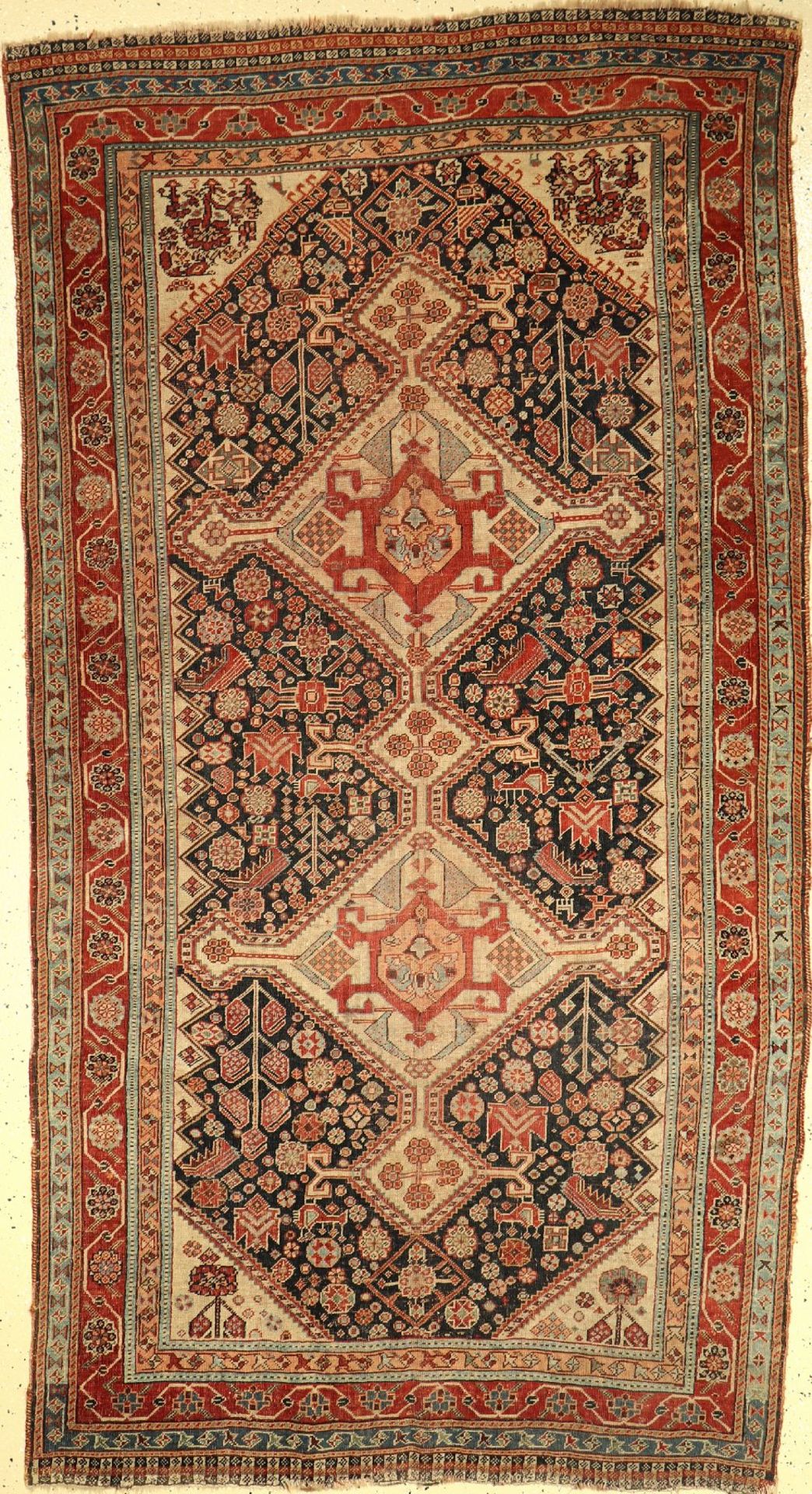 Gaschgai antik, Persien, 19.Jhd., Wolle aufWolle, ca. 222 x 120 cm, EHZ: 4 (gleichmäßig dünn)