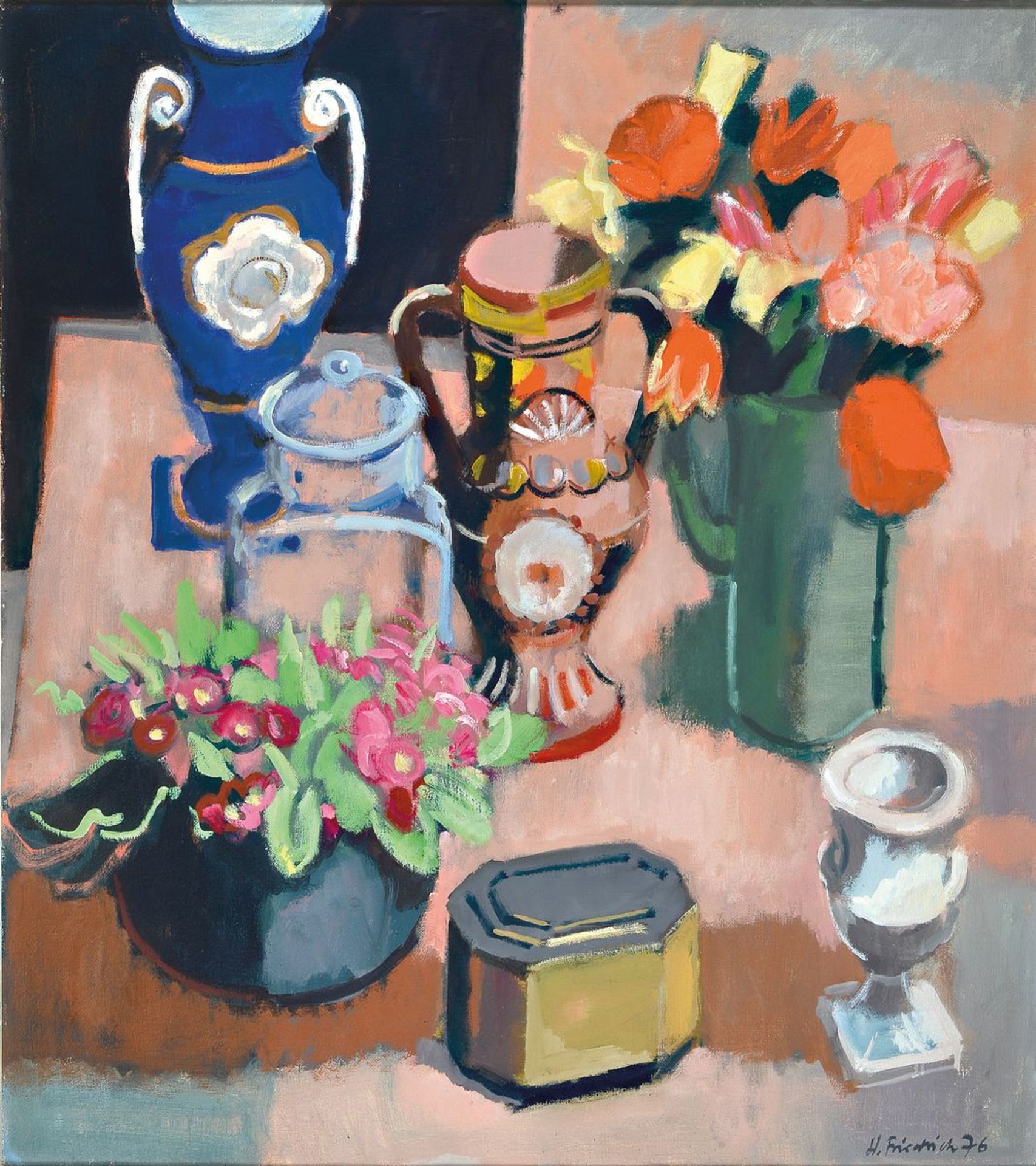 Heinz Friedrich, 1924-2018 Schwetzingen, stilllife with flowers and vases, oil / canvas, signed