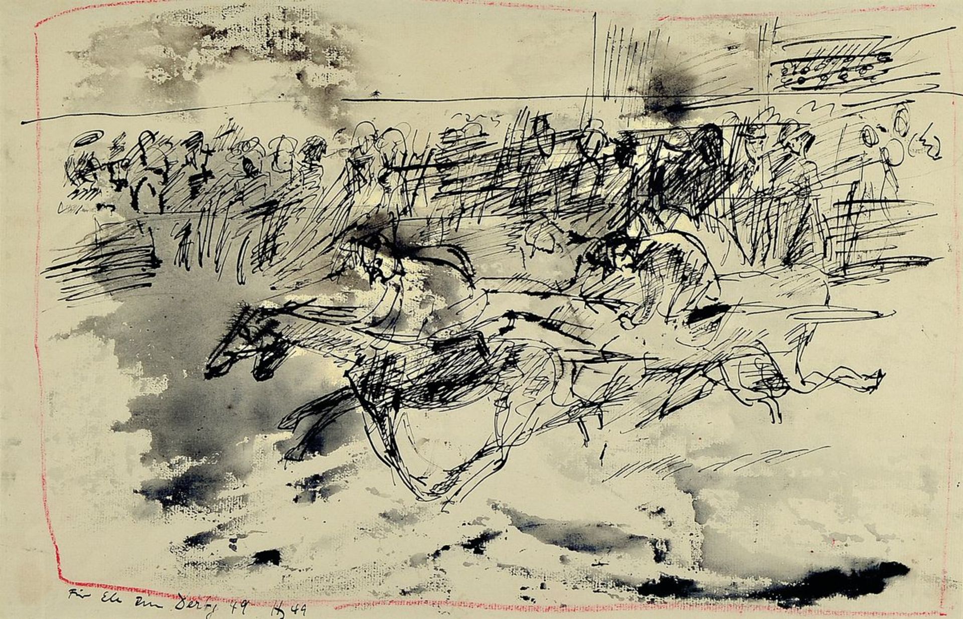 Horst Janssen, 1929-1995, Indian ink and red colored pencil, "for Ele to Derby", Indian inkdrawing