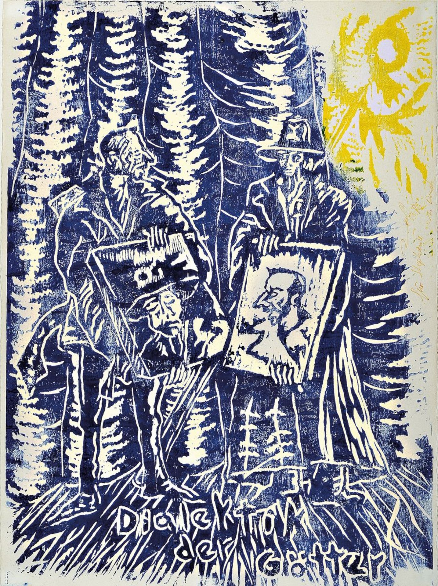 Jörg Immendorff, 1945-2007, woodcut in colors on wove paper, very rare color in blue and yellow,