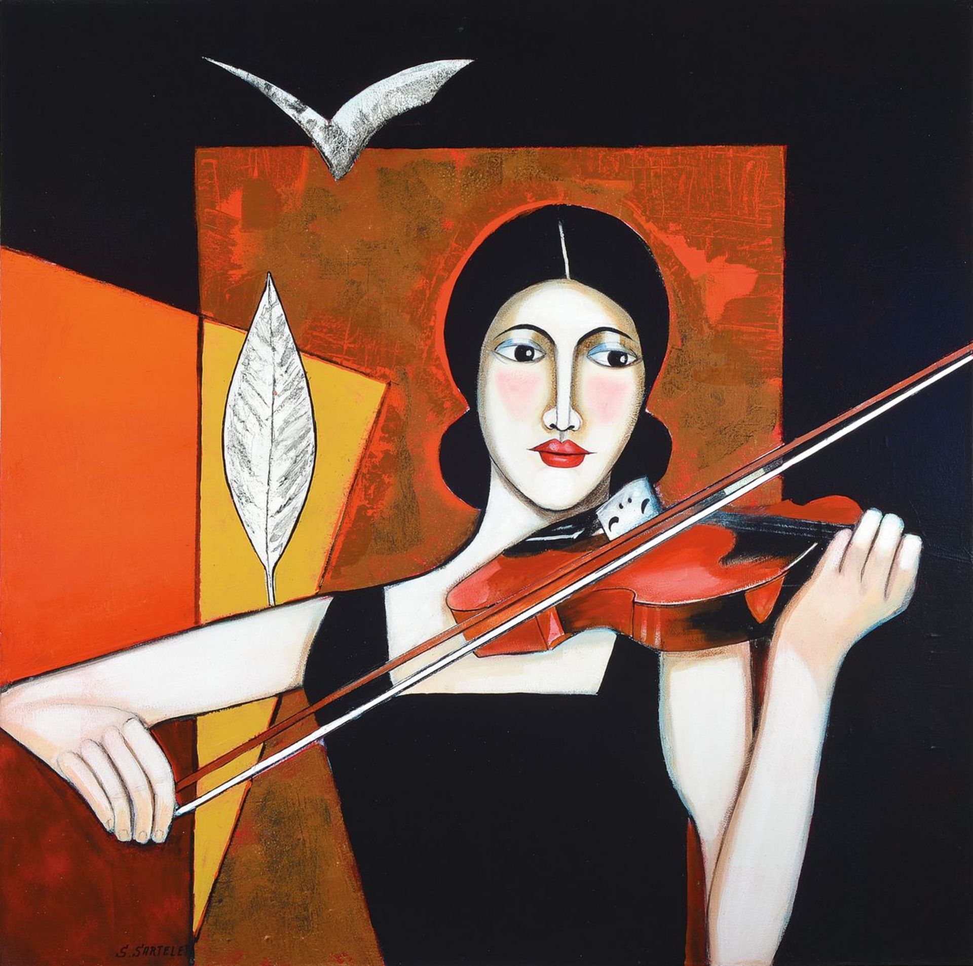 Silvia Sartelet, born 1947 Berlin, representation of women with violin, acrylic /canvas, signed on
