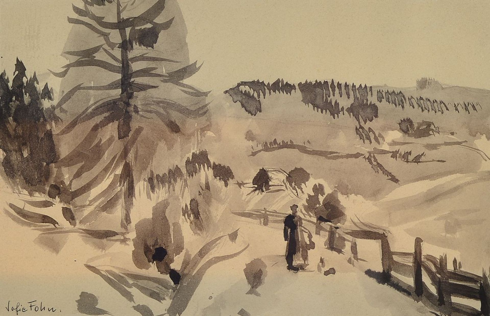 Sofie Fohn, 1899 Munich-1990 Bozen, hiker in the mountains, monochrome watercolor, signed by hand on