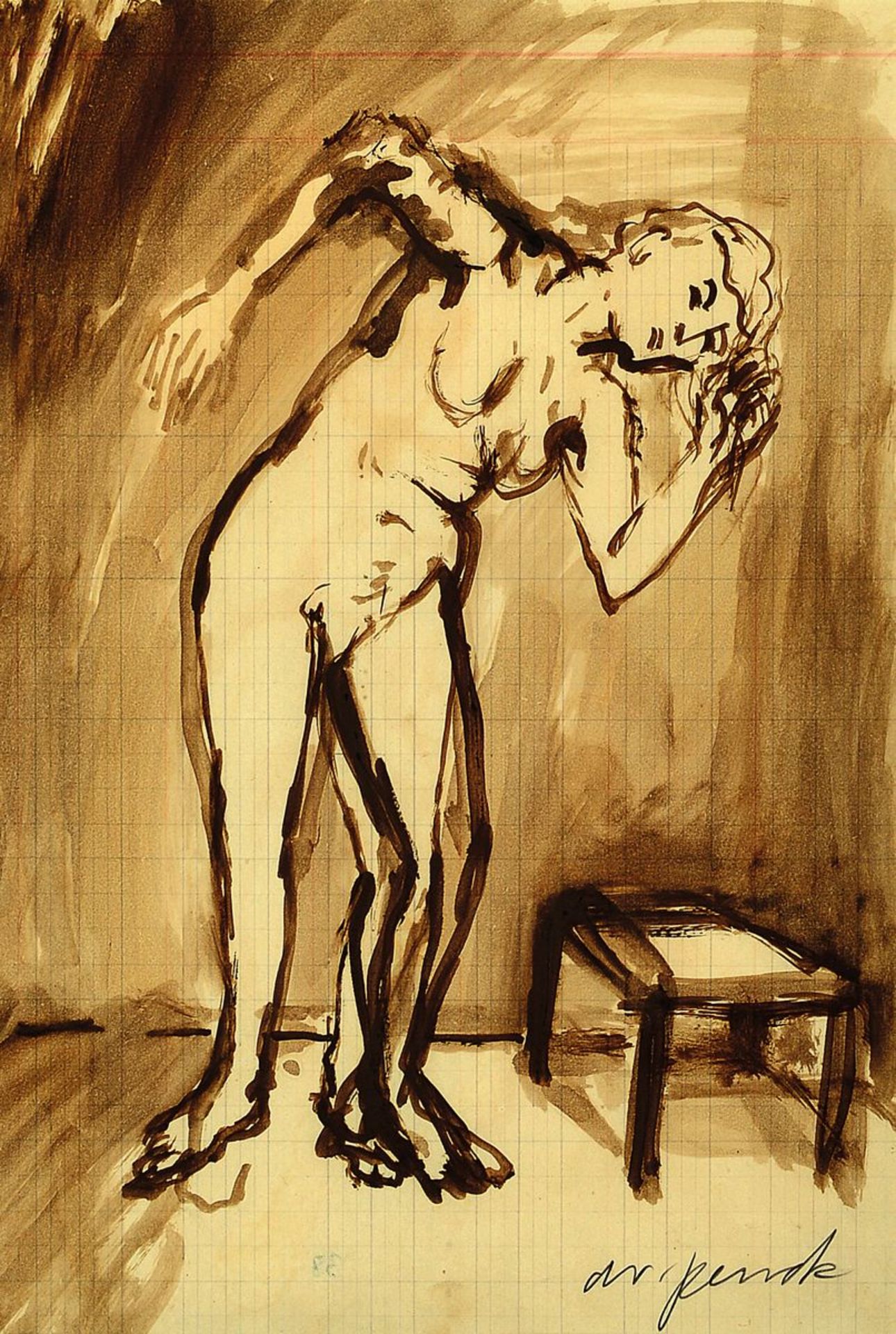 A.R. Penck, 1939-2017, female nude, watercolor, hand signed on the top of the box,sheet size 29.5