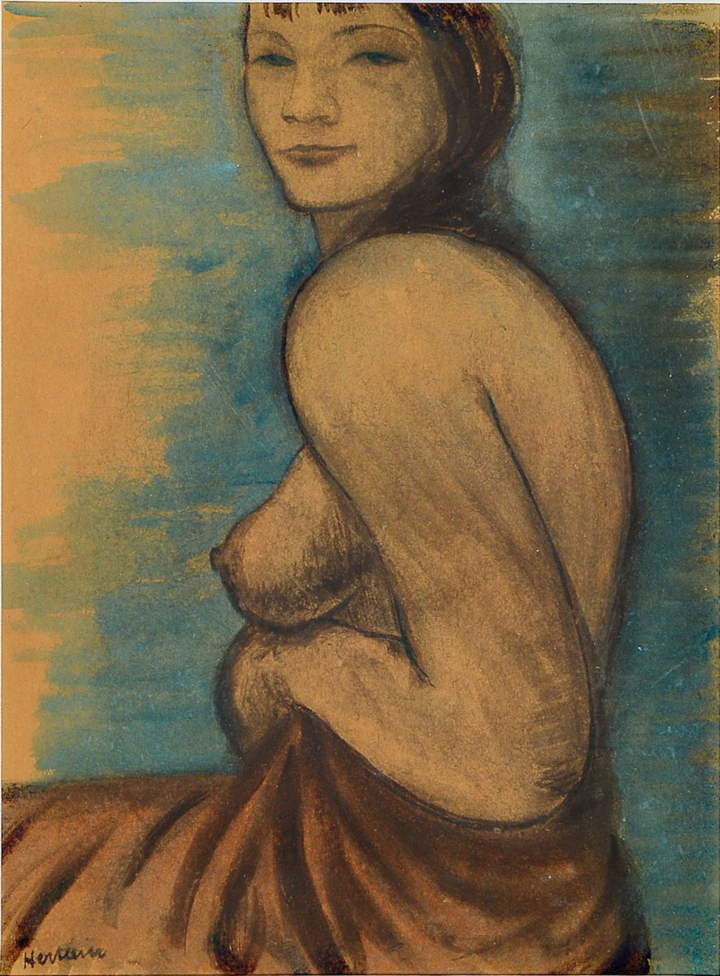 Willi Hertlein, 1908-1968, portrait, gouache over Kohle on Japanese paper, female half-act,signed,