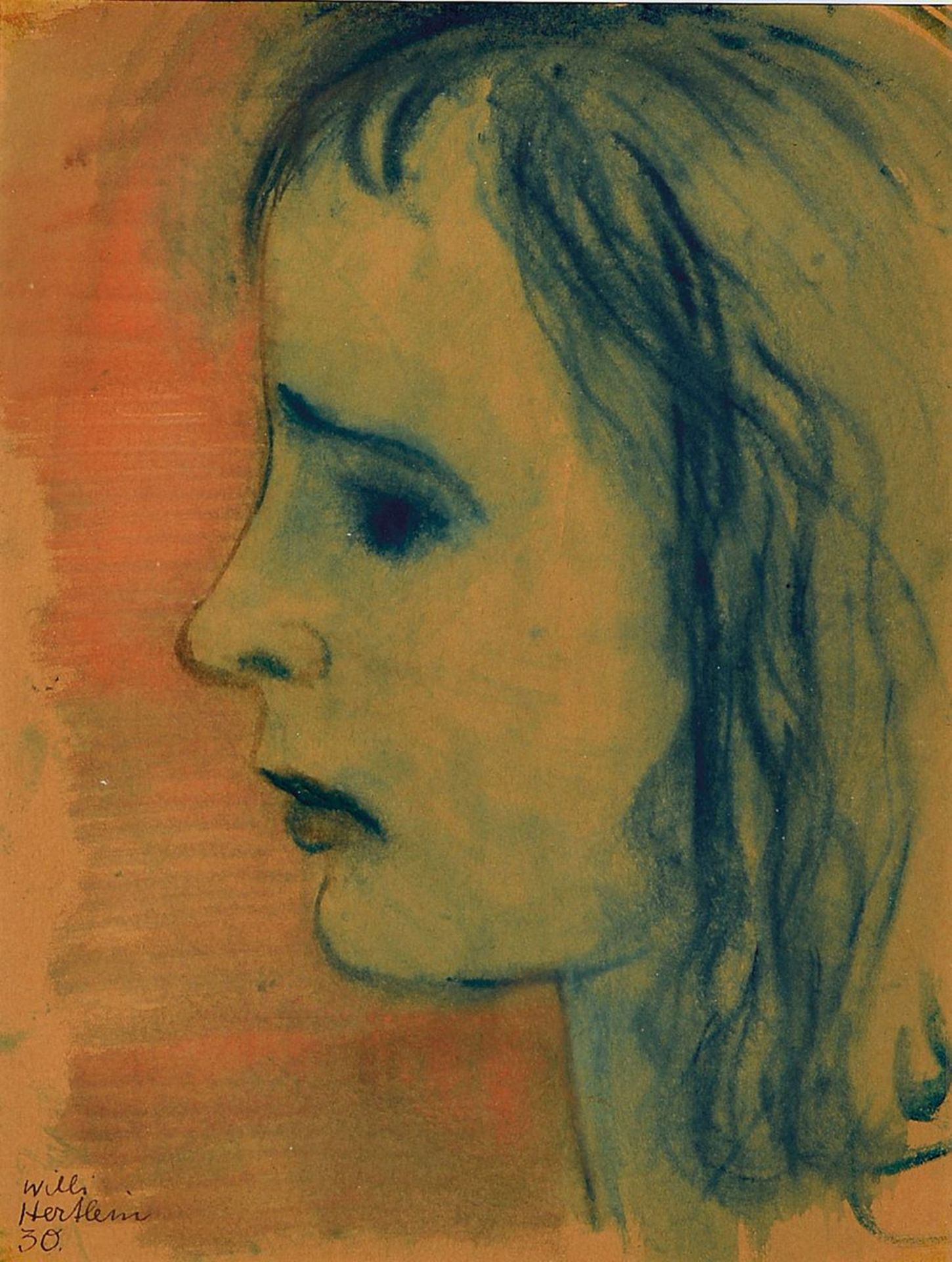 Willi Hertlein, 1908-1968,, portrait, watercolor on Japanese paper, profile of a young girl # ",