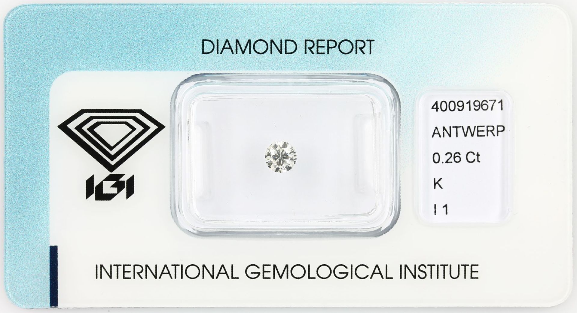 Loose brilliant , 0.26 ct, Top Cape(K)/p1, 4.07 - 4.14 x 2.48 mm, sealed with IGI - expertise