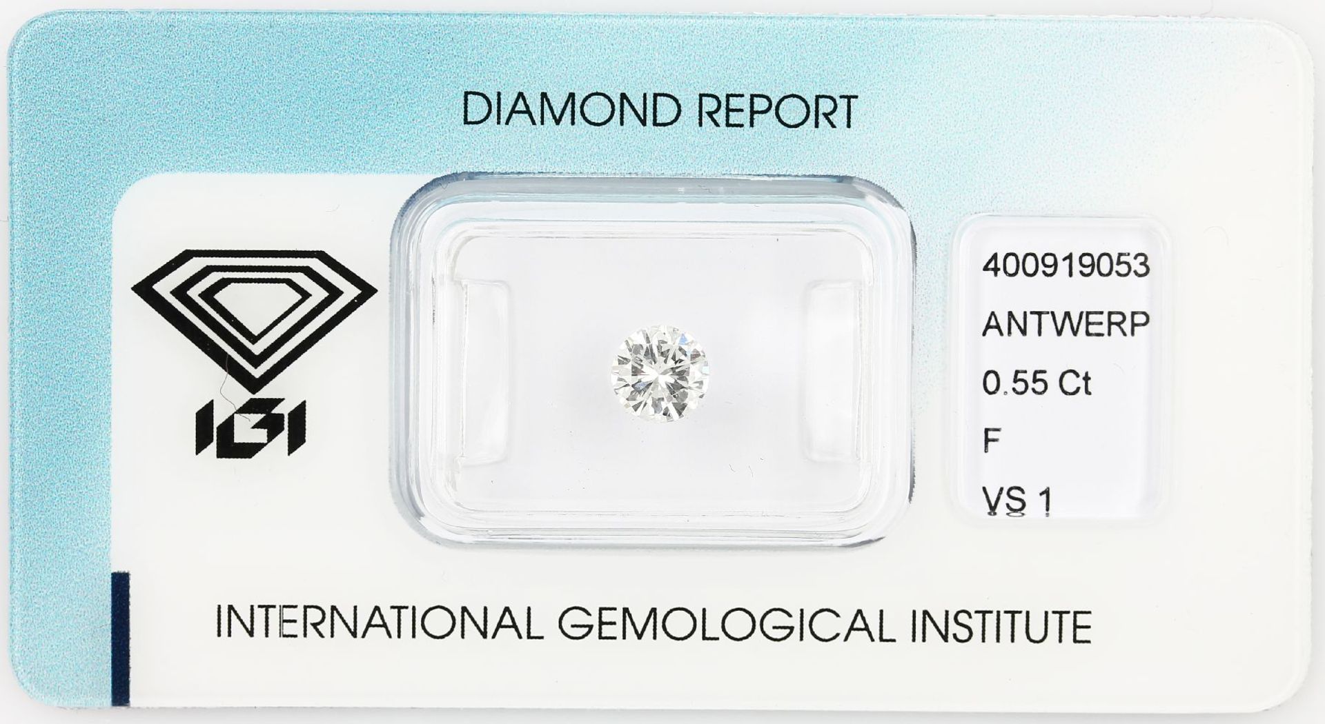 Loose brilliant, 0.55 ct, Top Wesselton(F)/vs1, 5.51 - 5.59 x 3.10 mm, sealed with IGI- expertise