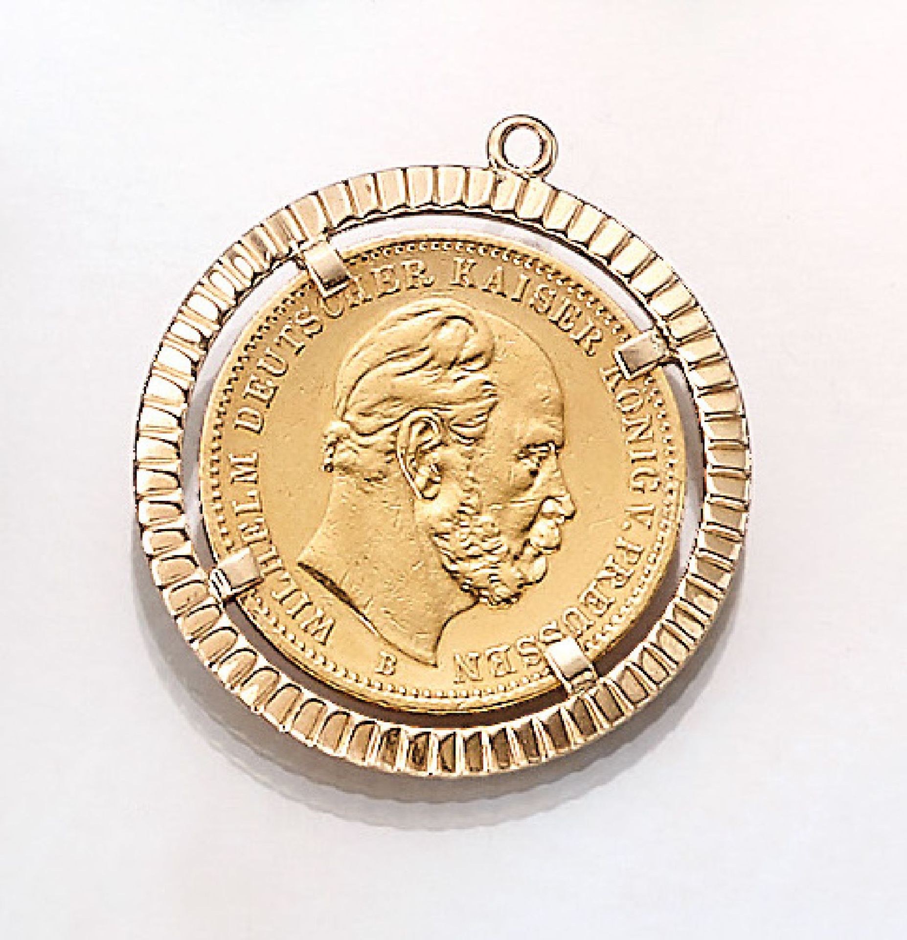 14 kt gold coin pendant , 20 Mark, German Reich, 1877, Wilhelm german emperor king of Prussia,