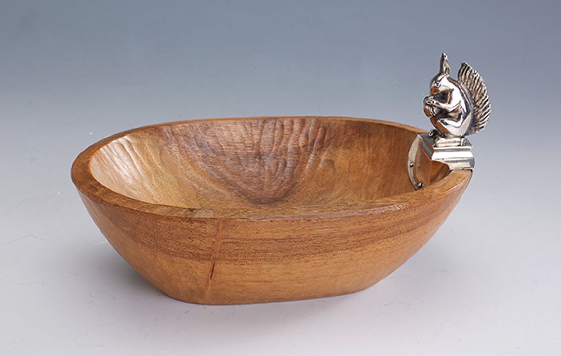 Nut bowl, german approx. 1930 , silver 835, corpus nut tree, applied vividly quirrel, h approx. 12