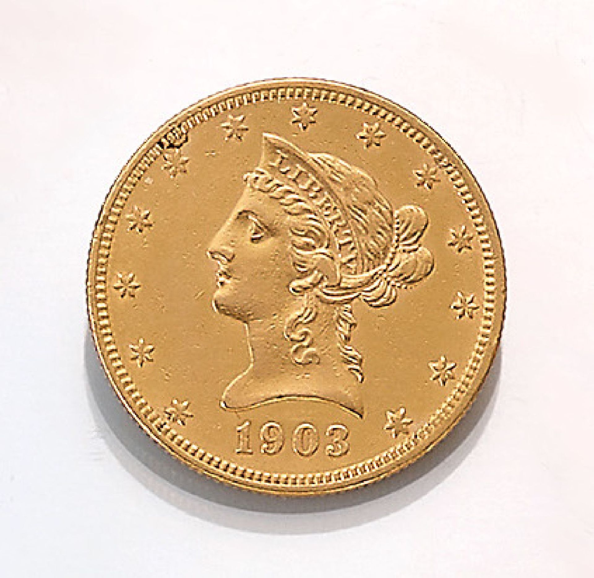 Gold coin, 10 Dollars , USA, 1903, Lady Liberty, RV: sea eagle with coat of arms, arrows and twig,