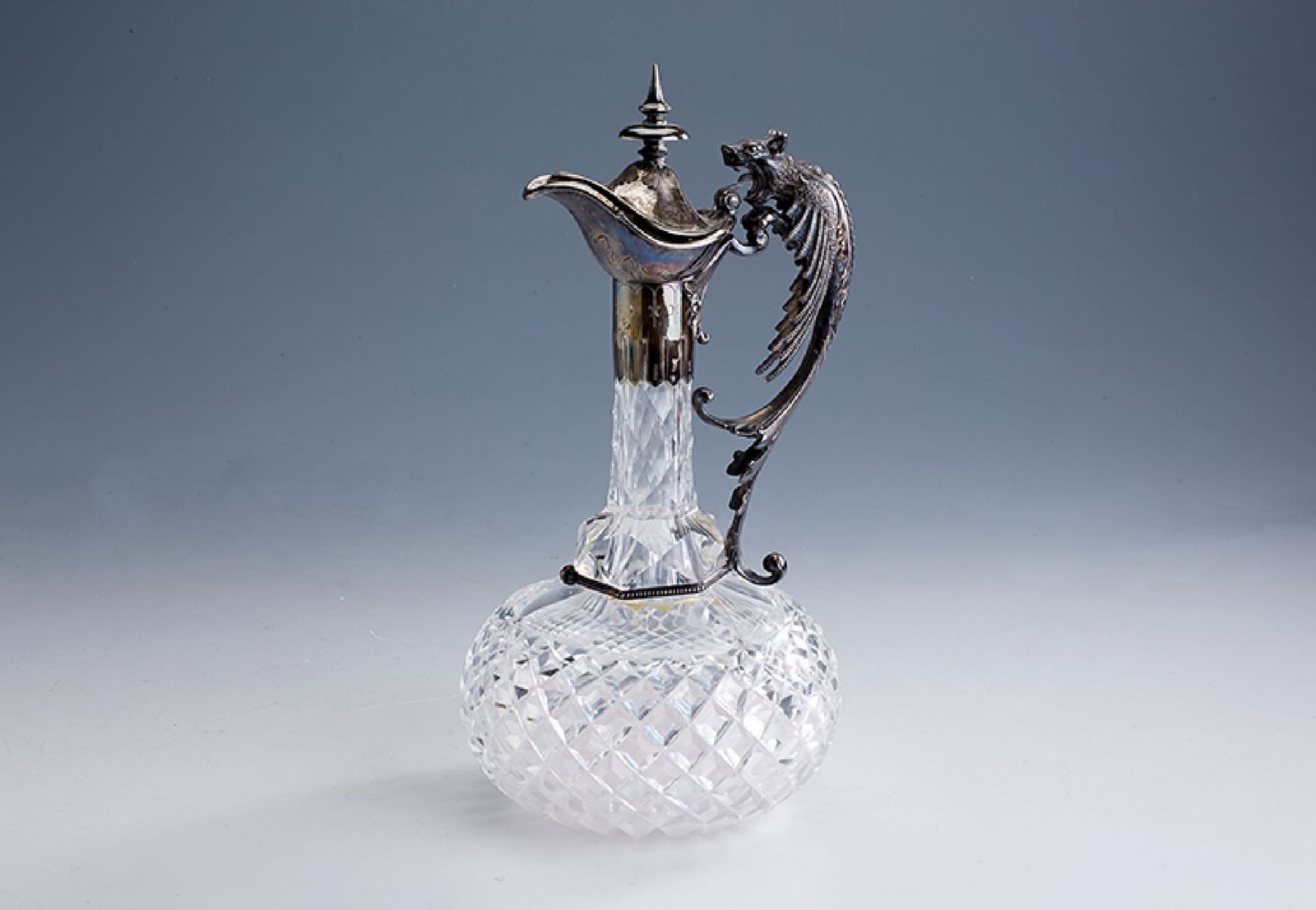 Glass carafe with 800 silver-mounting , Wilkens/Bremen, approx. 1900/05, silvermounting in the