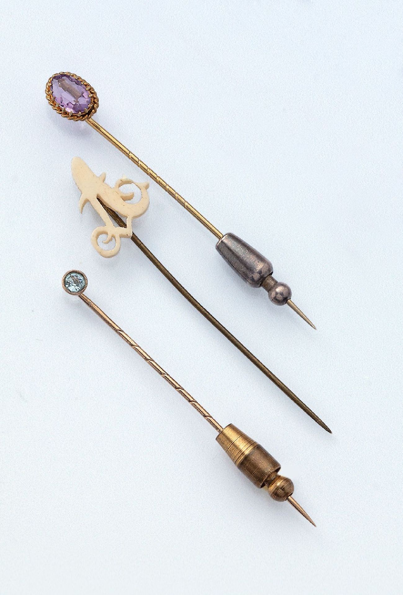 Lot 6 tie pins, approx. 1900s , respectively1906/08, YG 333/000, 585/000, respectively silver,