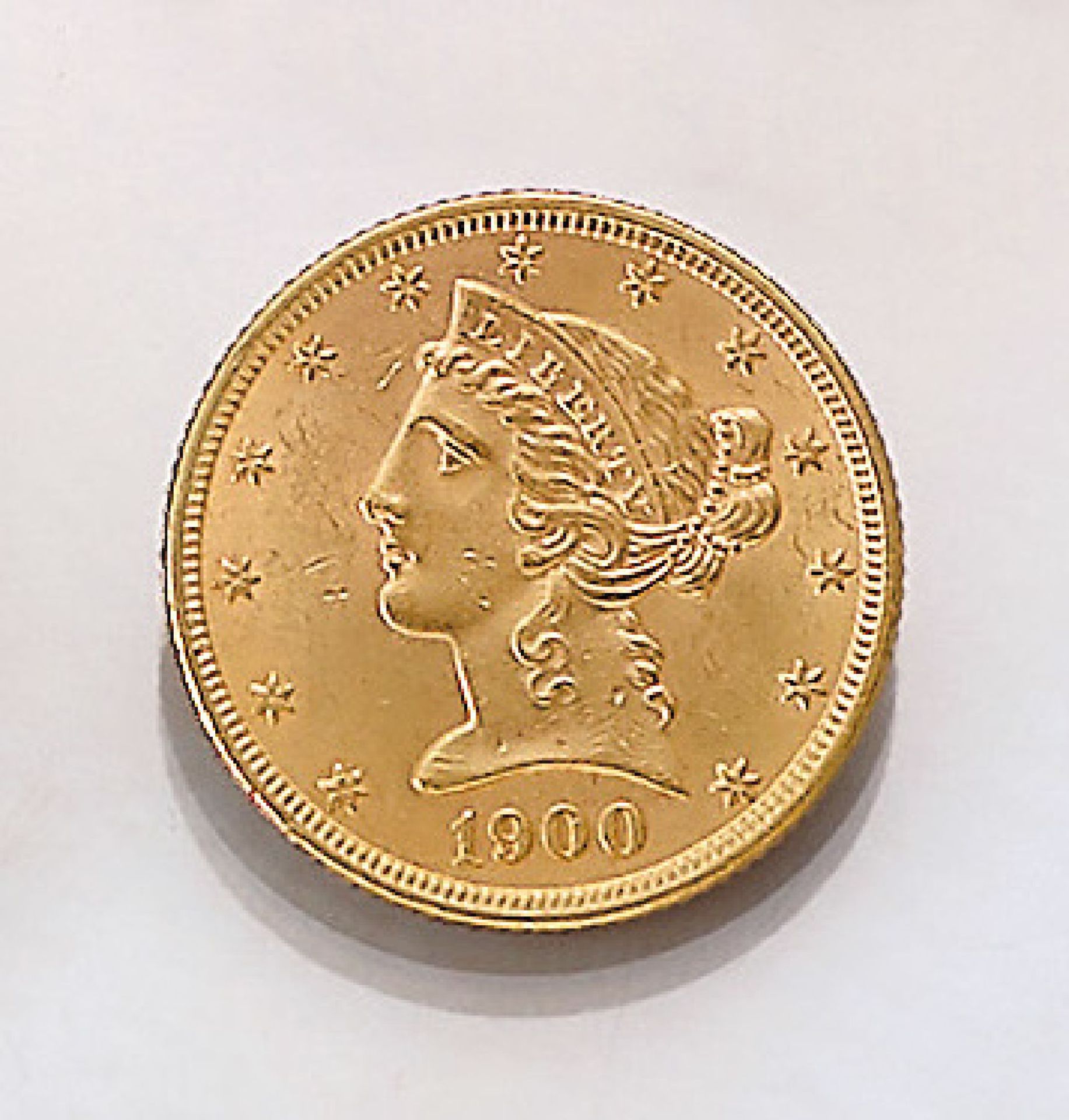 Gold coin, 5 Dollars, USA, 1900 , Liberty head, RV: bald eagle with arrows and laurel wreath, In god