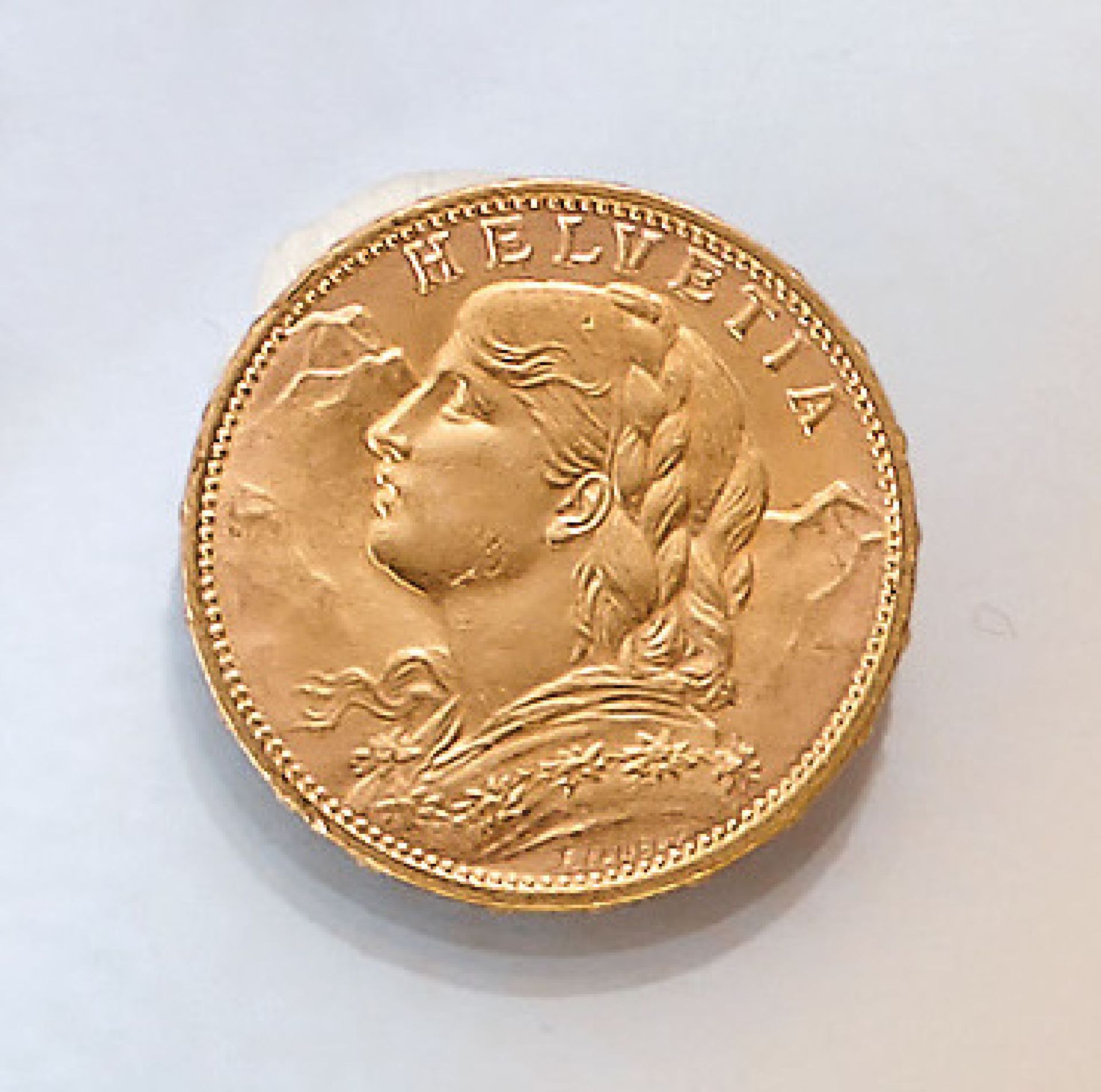 Gold coin, 20 Swiss Francs , Switzerland, 1913, so-called Vreneli, Helvetia, impressed mark B