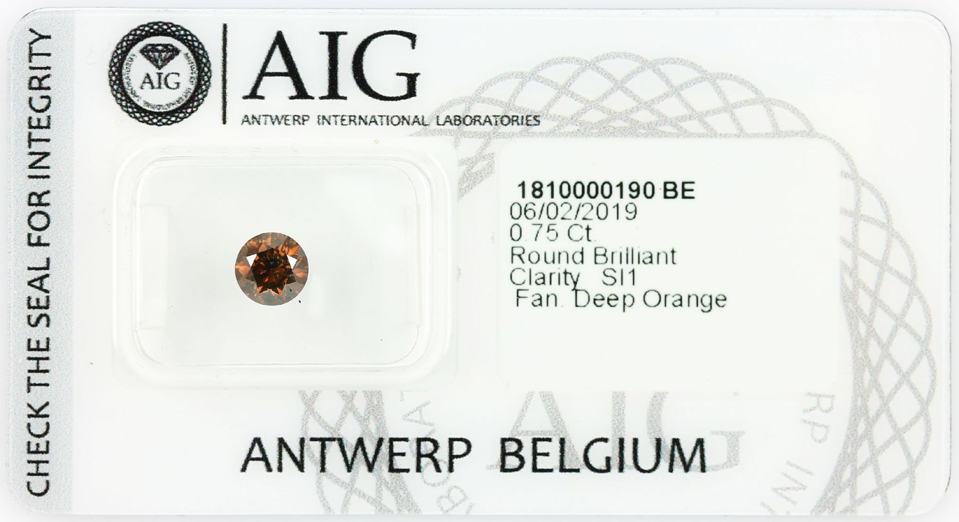 Loose brilliant 0.75 ct fancy deep orange/si 1, AIG certificate Valuation Price: 2000, - EUR