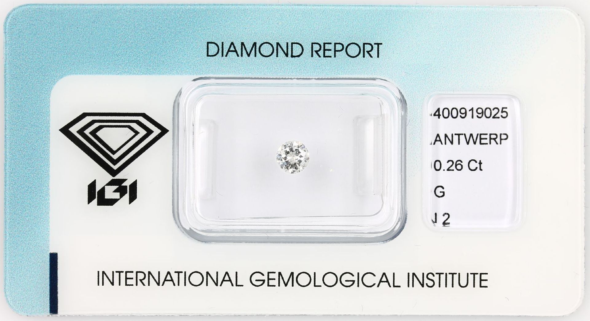 Loose brilliant , 0.256 ct, Top Wesselton (G)/p2, 4.15 - 4.23 x 2.42 mm, sealed with IGI-expertise