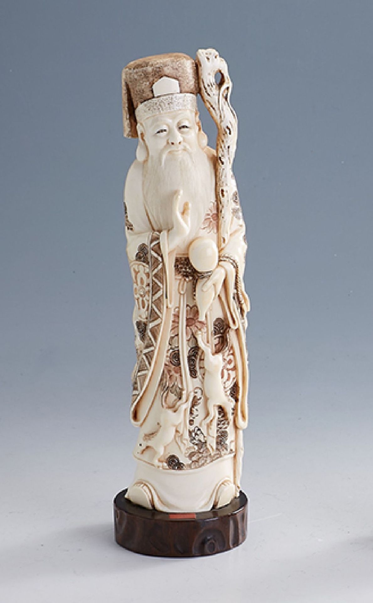 Ivory sculpture "Lao Tzu", China approx. 1870/80, Lao Tzu with crosier and drinking vessel, fine