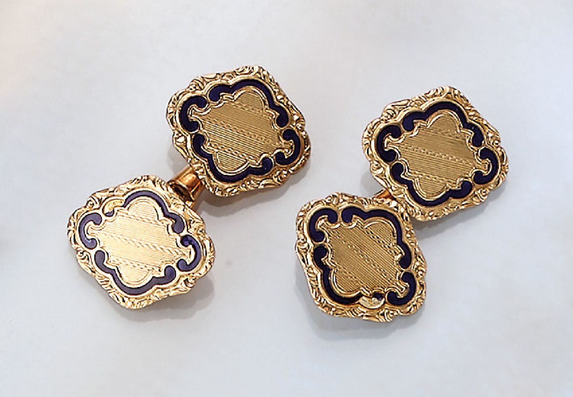14 kt gold cufflinks, ca. 1900, YG 585/000 ,blue enameled (flawed), manufacturer's brand