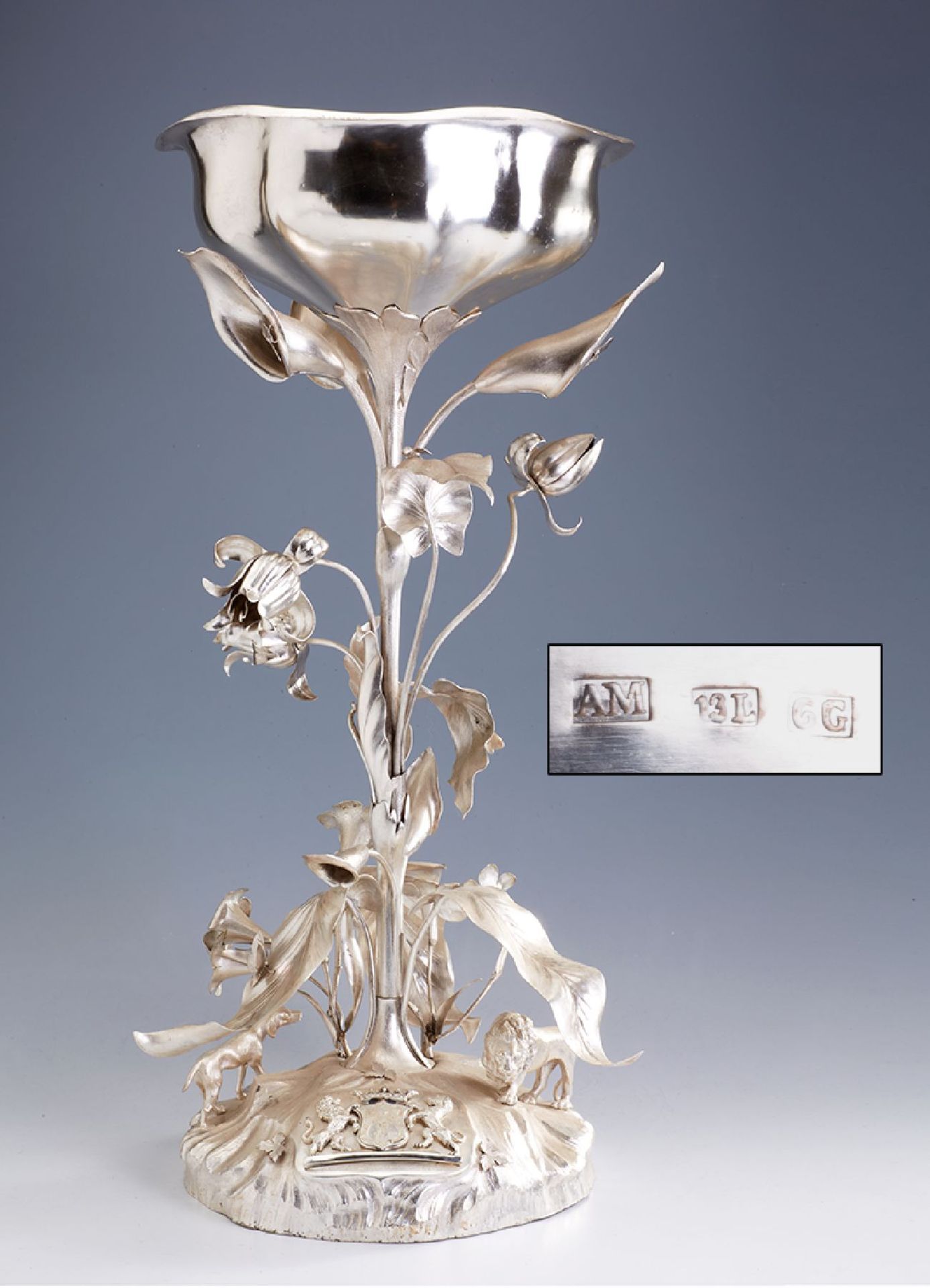 Parade bowl blossom shaped with rich leaf- andblossomdecor, Sweden, Landskrona 1885, 13- lötig