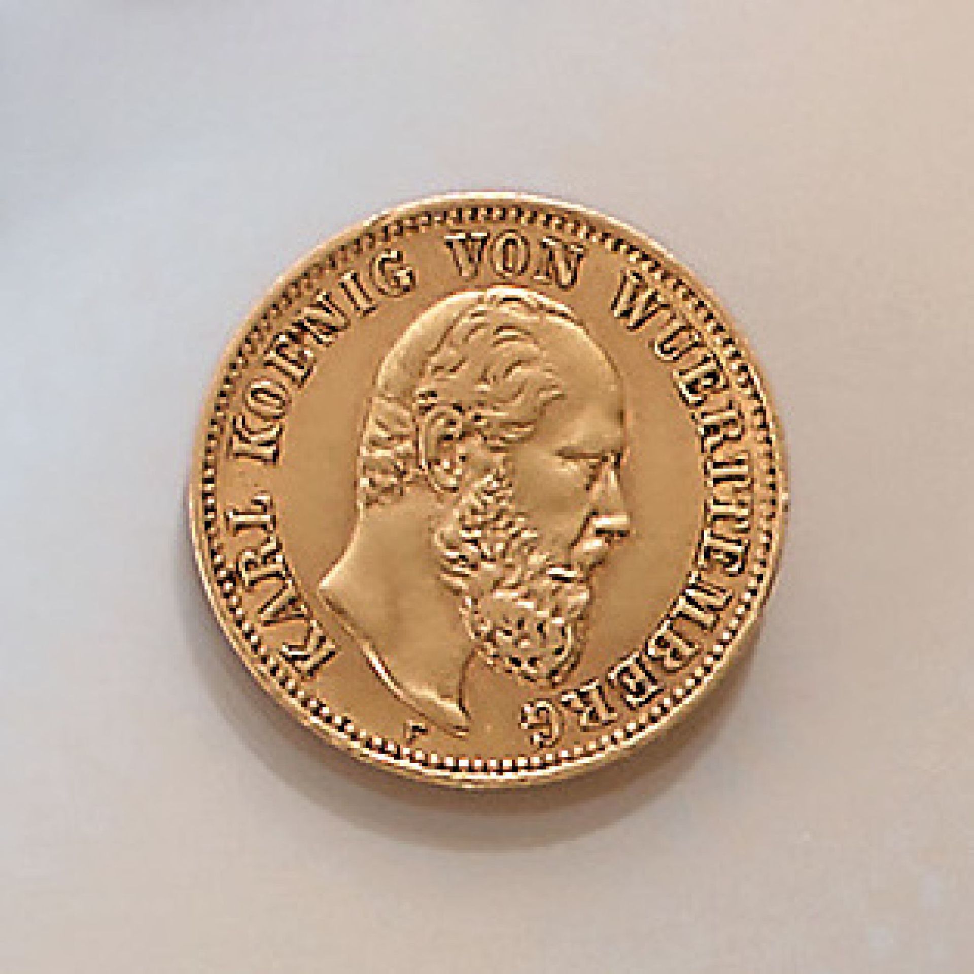 Gold coin, 5 Mark , German Reich, 1877, Karlking of Wuerttemberg, impressed mark F