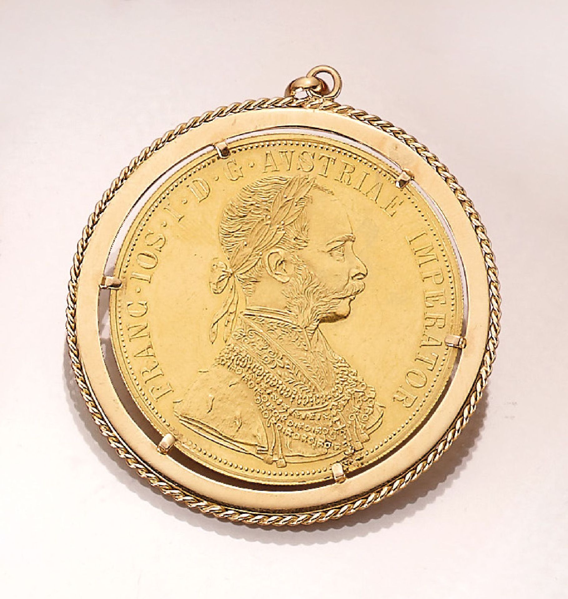 18 kt gold coin pendant , 4 ducats, Austria - Hungary, 1915, Franz Joseph I., official restrike,