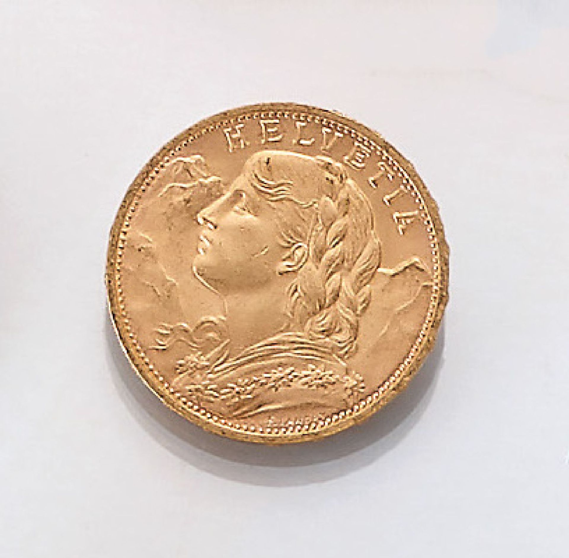 Gold coin, 20 Swiss Francs , Switzerland, 1927, so-called Vreneli, Helvetia, impressed mark B