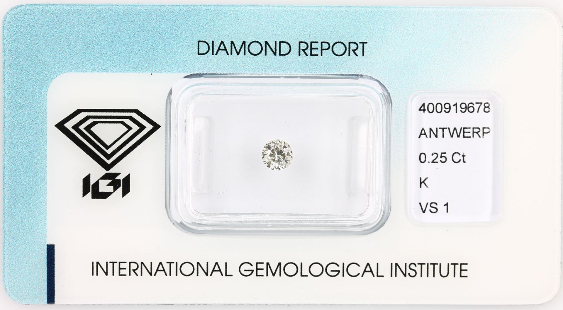 Loose brilliant , 0.25 ct, Top Cape(K)/vs1, 4.08 - 4.15 x 2.43 mm, sealed with expertise Valuation
