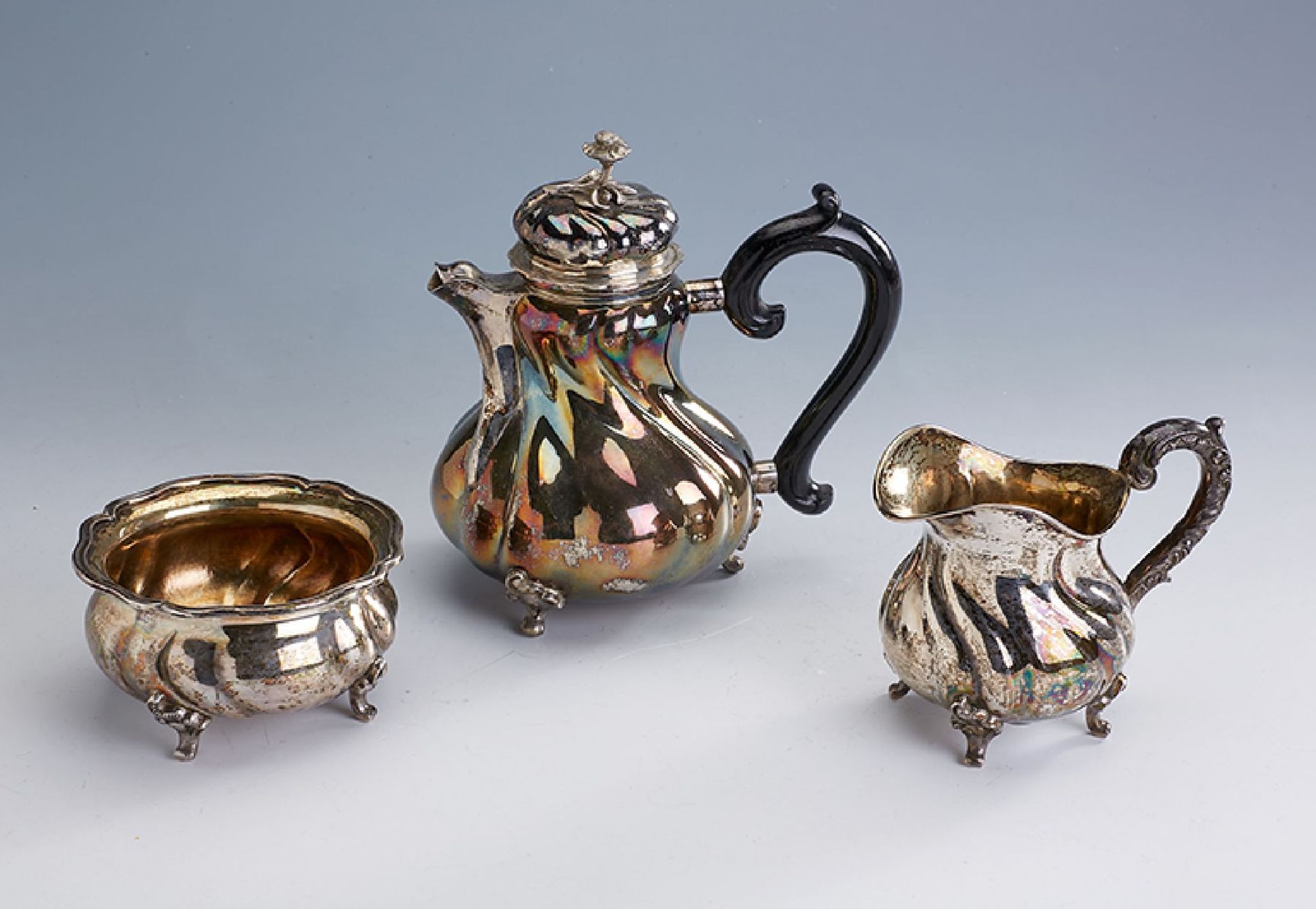 3-piece coffee set, 800/835 silver , hand- made, german approx. 1900/20, comprised of: coffee pot (