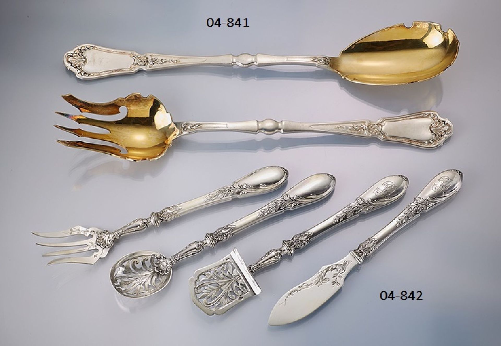 2-piece salad servers, France approx. 1905 ,silver 950, partly gold plated, manufacturer'sbrand