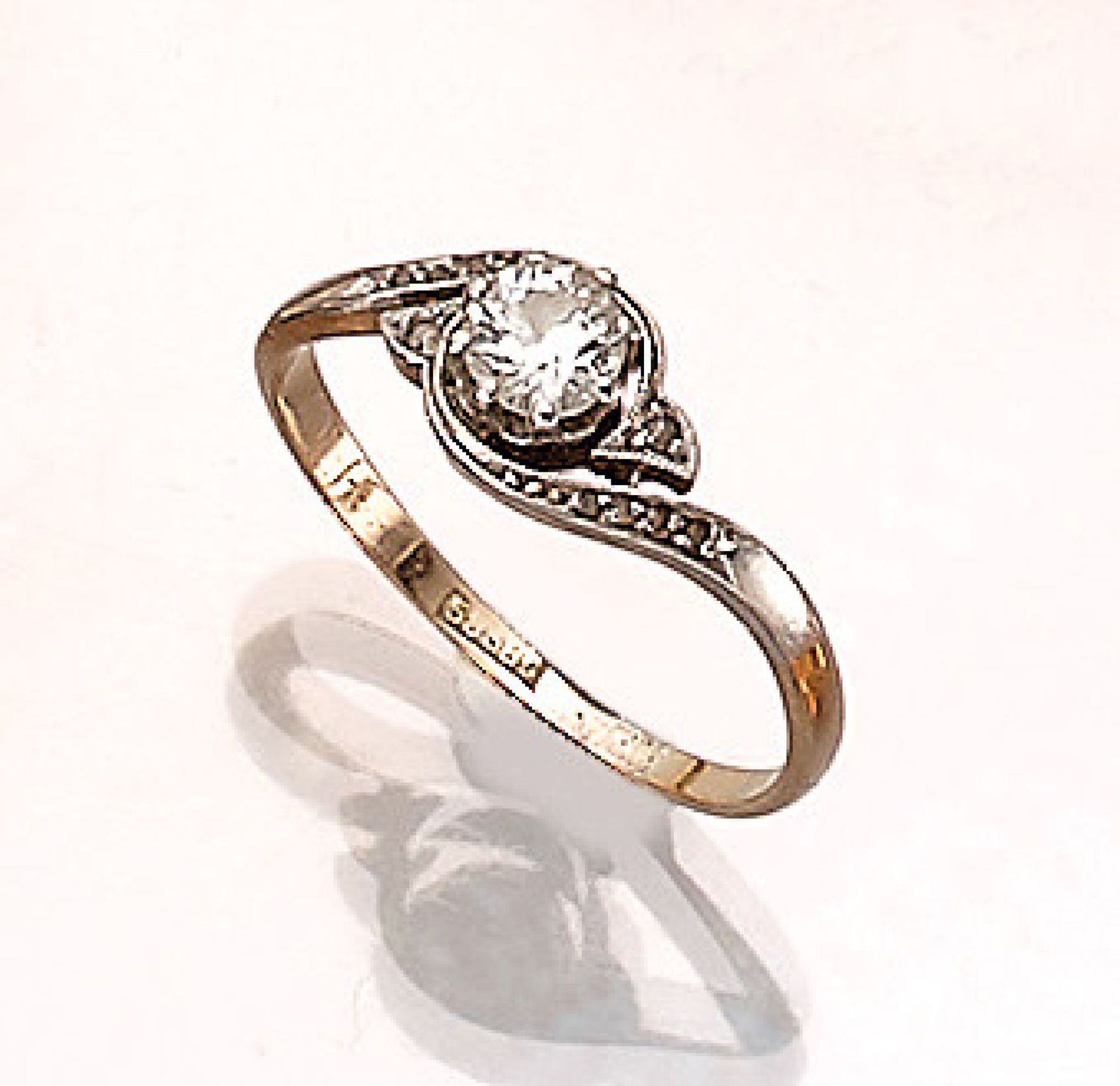 14 kt gold Art-Deco gold ring with diamond ,approx. 1920s, YG 585/000, old cut diamonds approx. 0.35