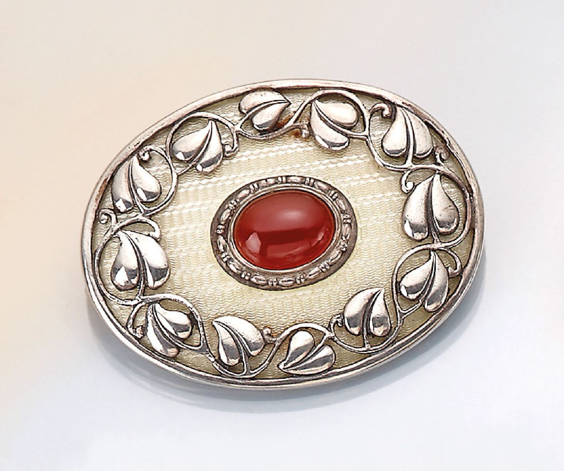 Art Nouveau brooch with carnelian and enamel , 800 silver, approx. 1918, manufacturer's brand Martin
