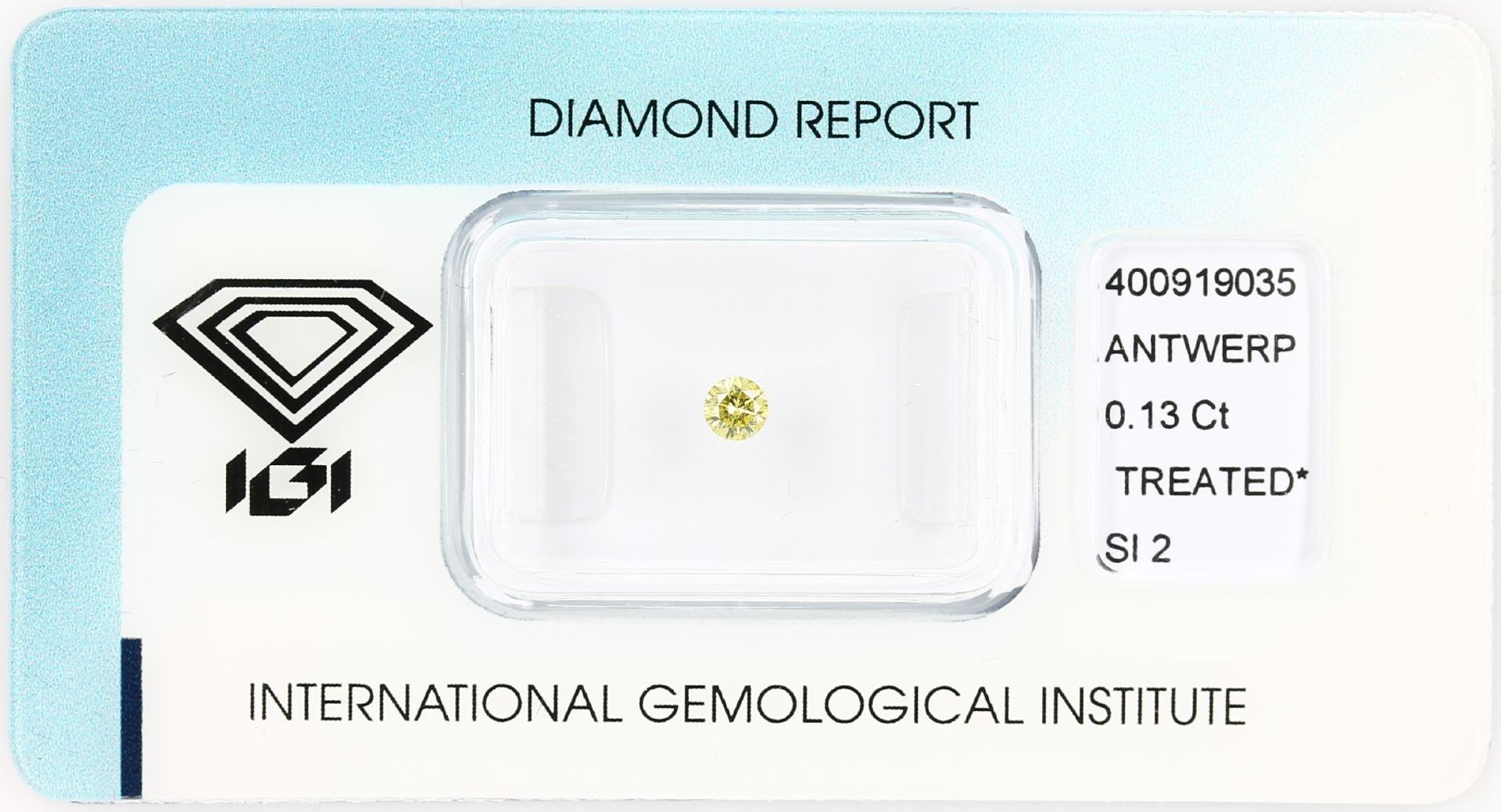 Loose brilliant, 0.13 ct , fancy vivid greenish-yellow treated/si2, 3.19 - 3.21 x 1.98 mm, sealed