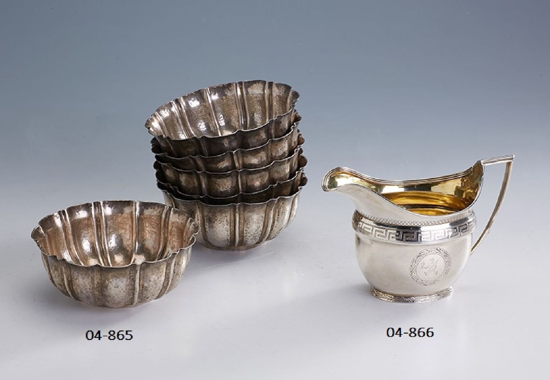 6 bowls, North Italy, 18th Century, silver tested, hammer finish, embossment, diam. approx. 12.5 cm,