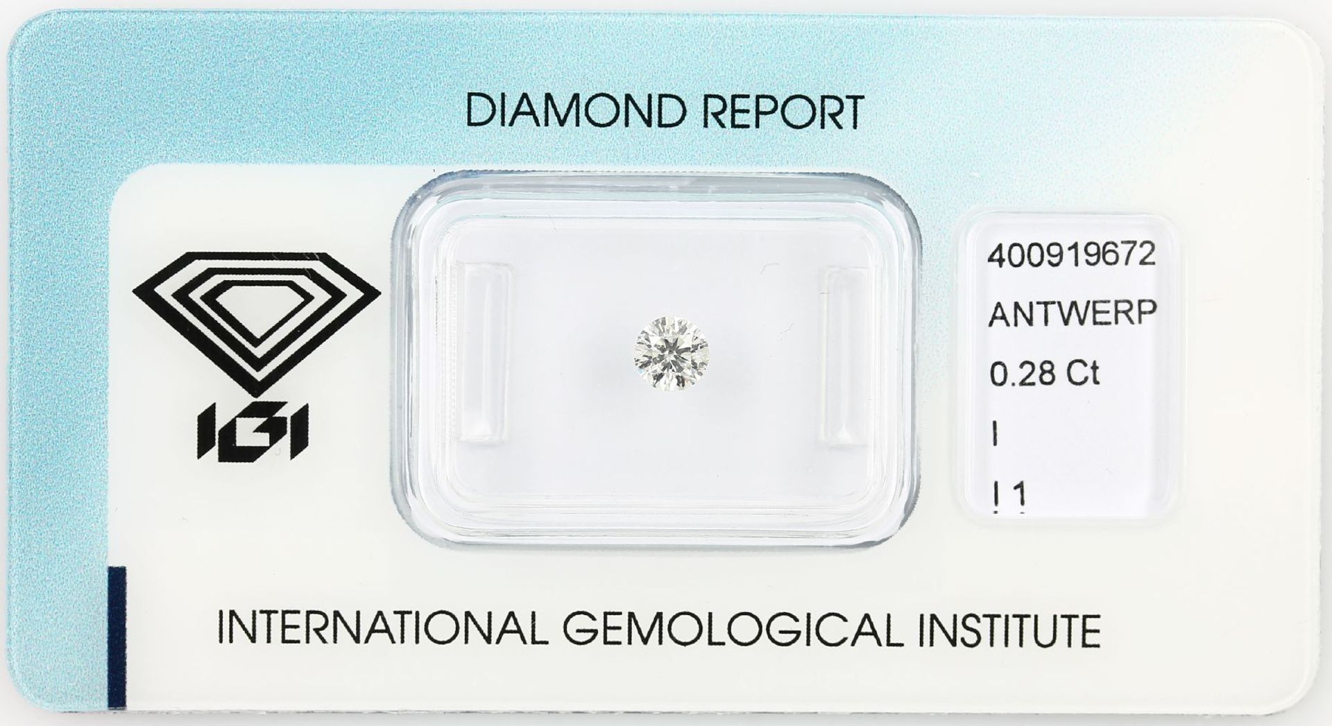 Loose brilliant, 0.28 ct , Crystal(I)/p1, 4.21 -4.25 x 2.57 mm, sealed with IGI- expertise,