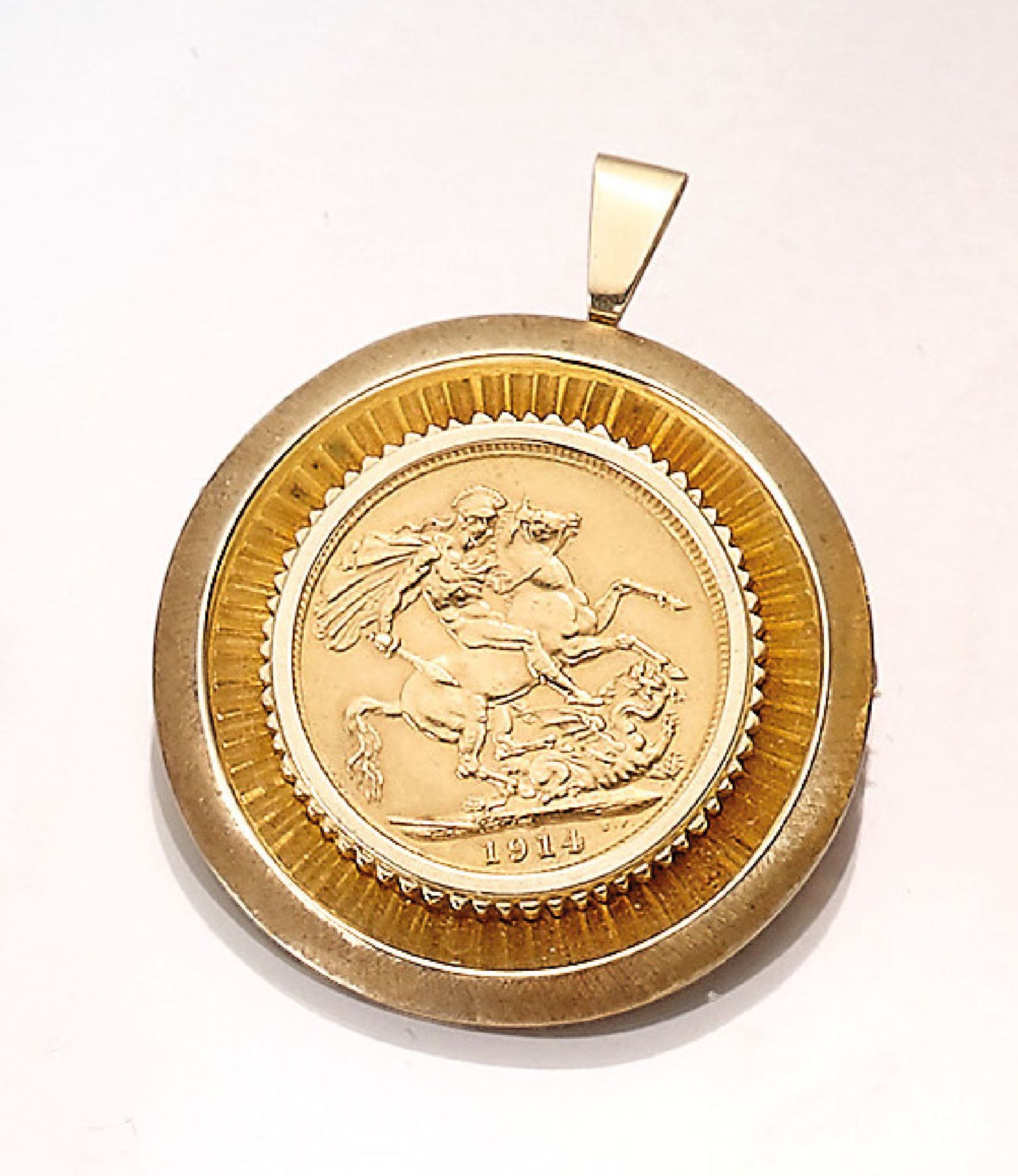 14 kt gold pendant/brooch with gold coin , YG 585/000 and ducat gold, Münzeinlage: Sovereign 1914,