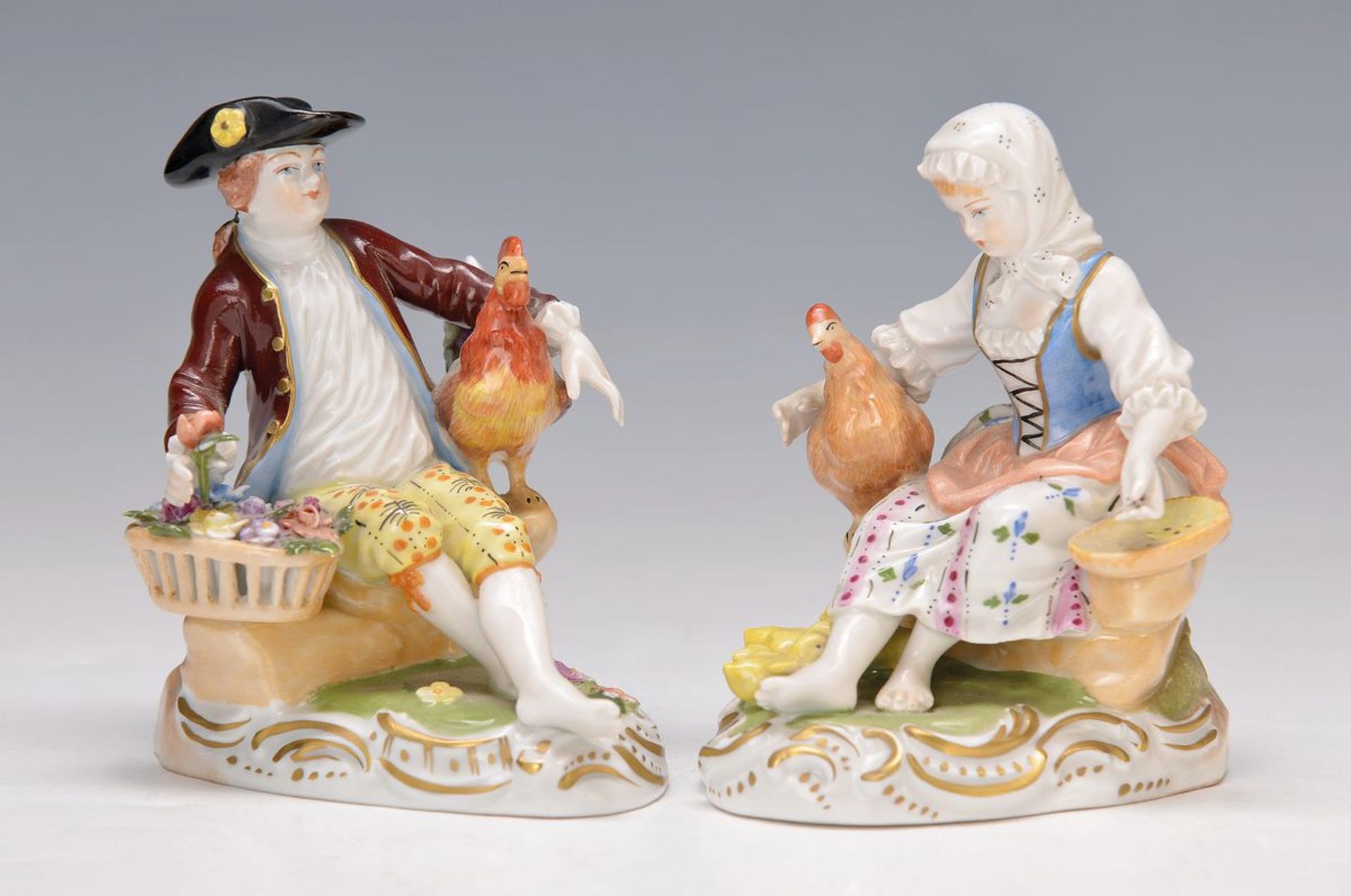 pair of figurines, Dresden, Potschappel, Middle of 20th c., couple of gardeners, girl with hen