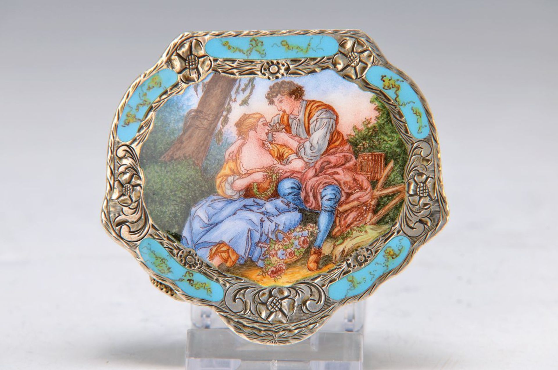 powder box, Italy, 1955/60, 800 silver, enameled, scene after Boucher, engraved, interior gilt,