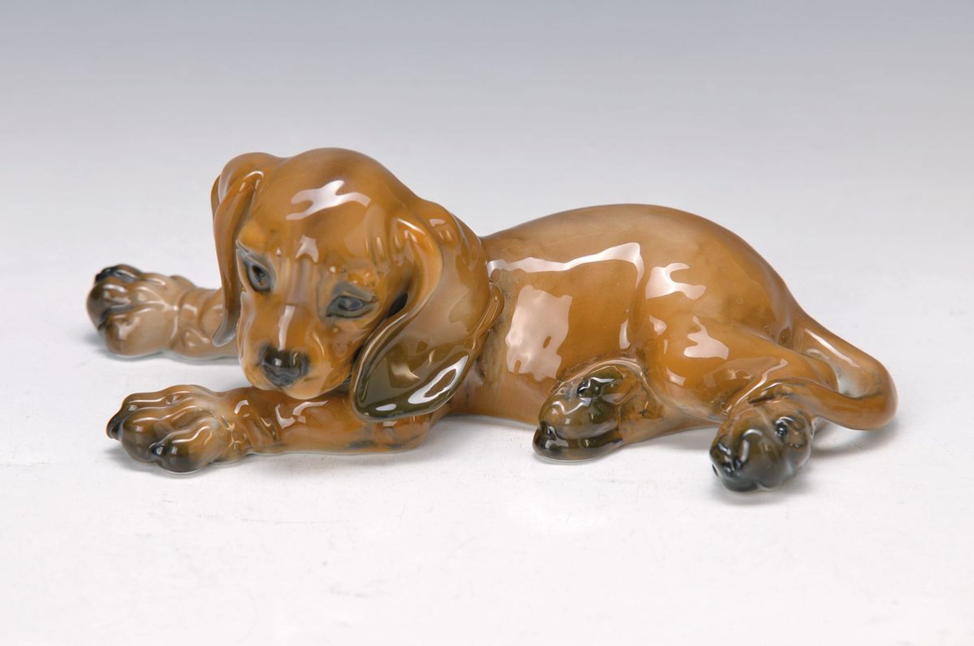 figurine, Rosenthal classic rose, designed by Kuspert, dachshund puppy, naturalistic painting in