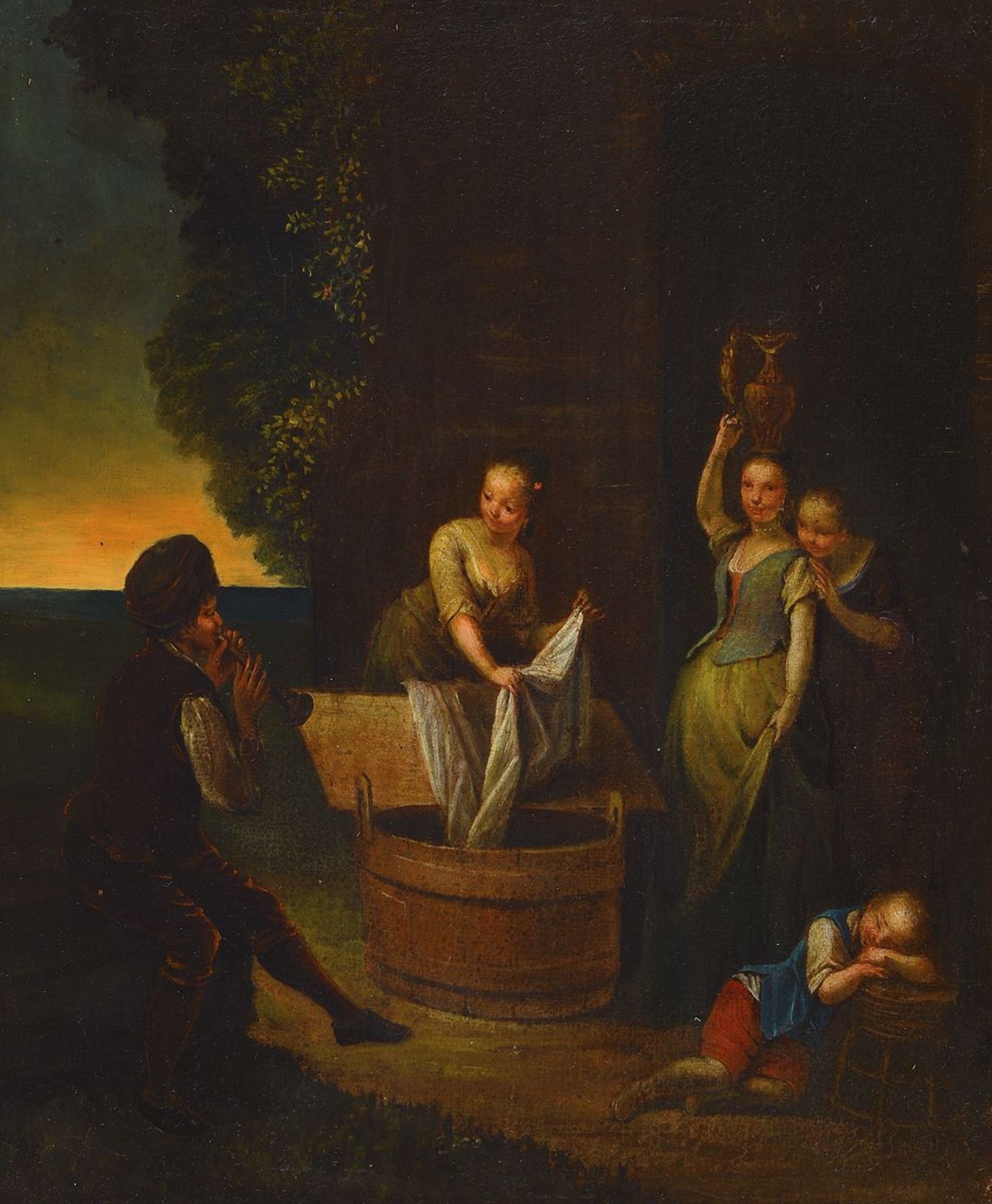 Unidentified artist, France, 18th C., Genre scene with washing women and people, oil / canvas,