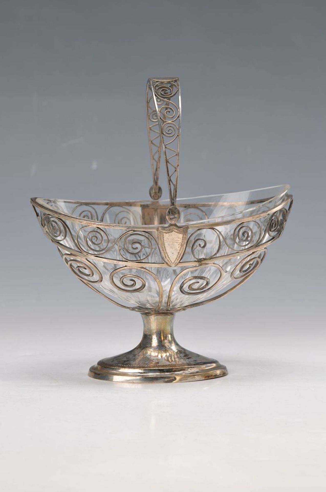 foot bowl/sugar bowl, around 1810/20, fine filigree work, handmade, ancient etched glass insert with