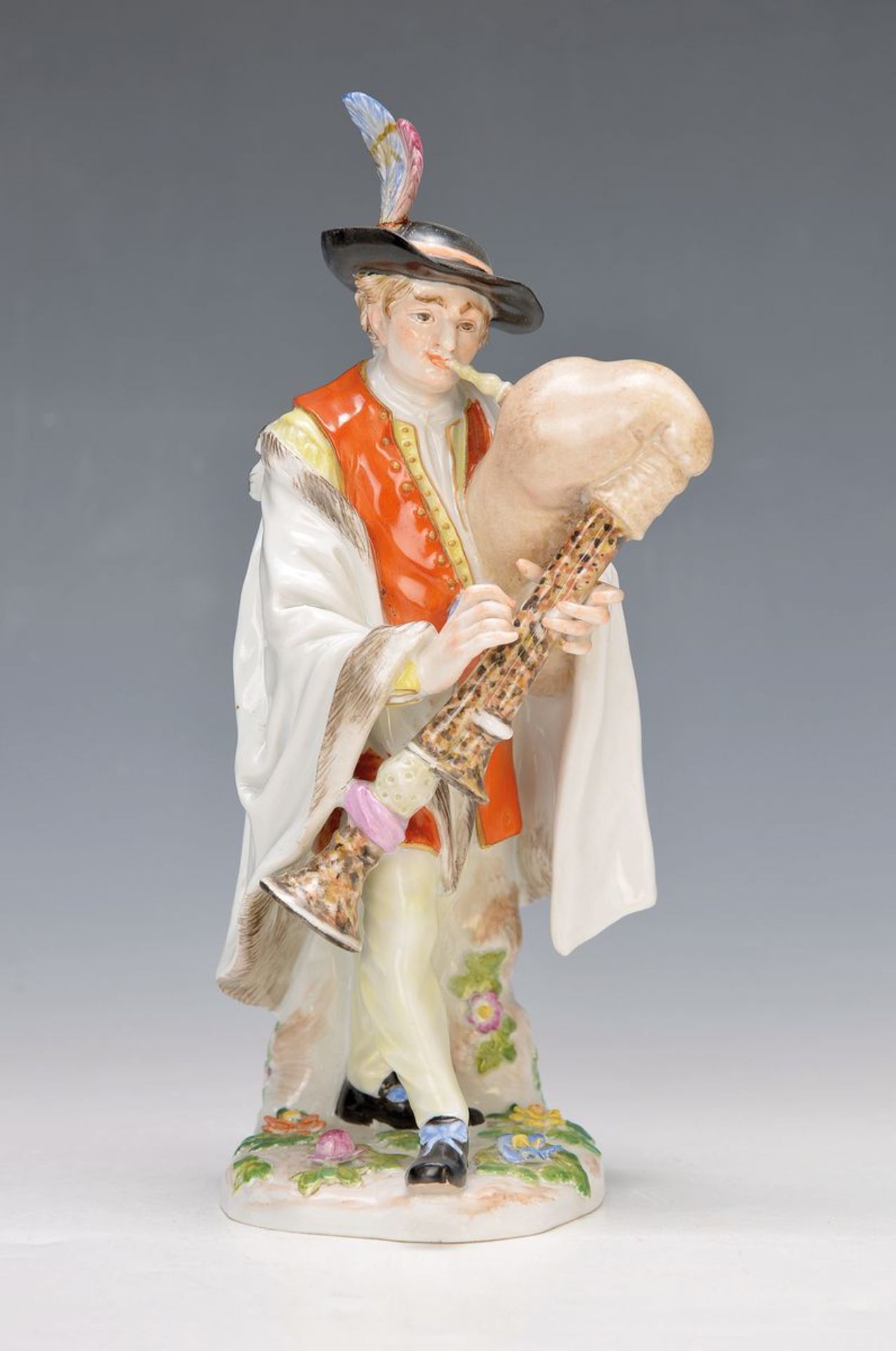 large figurine, Meissen, 1930s, bagpipe playerafter the design of J.J. Kaendler 1741, polychrome