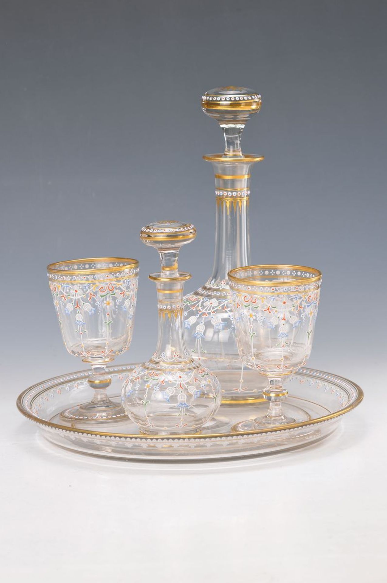 drinking glass set, probably France, around 1890/1900, round tray, large and small carafe,two